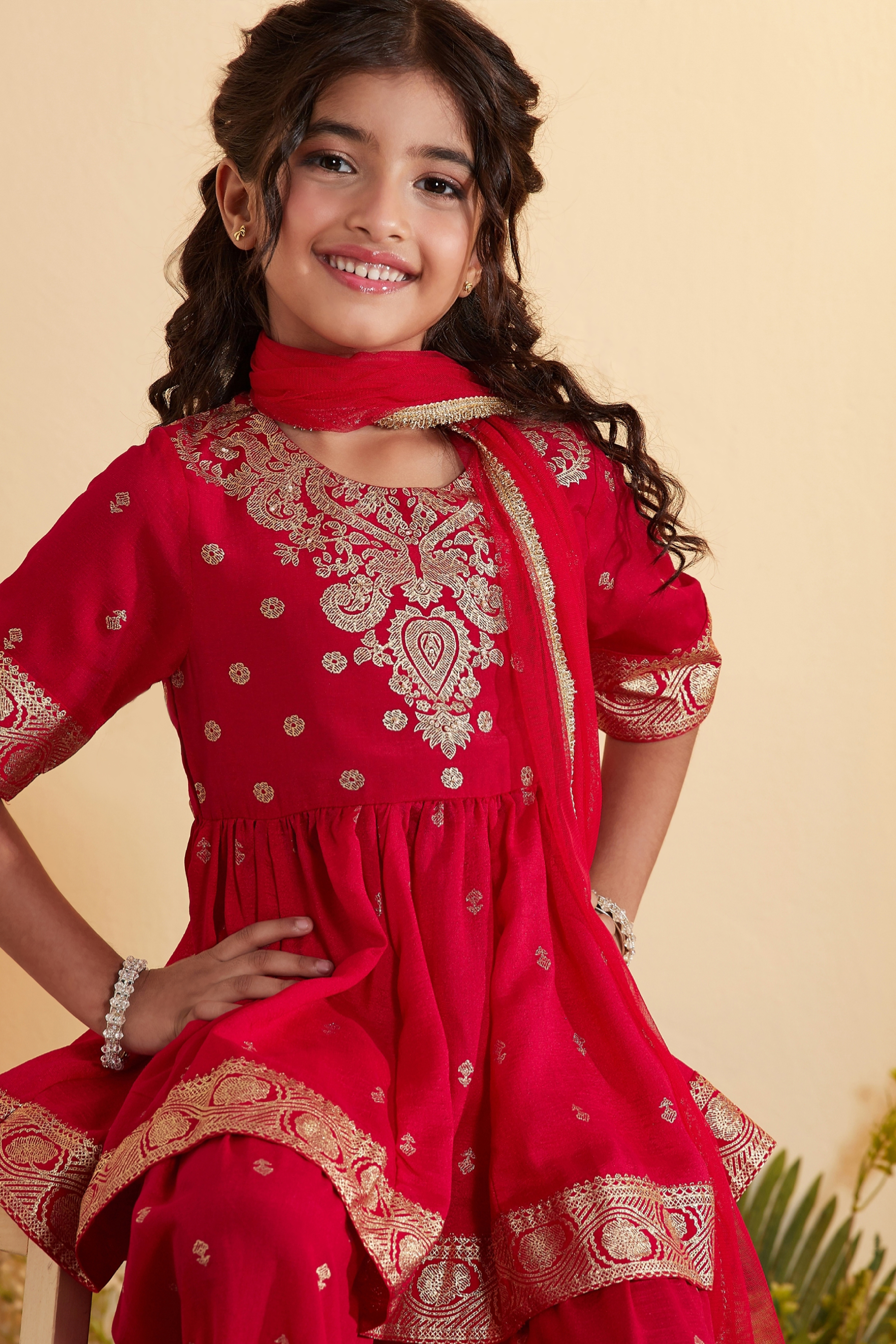 Red Ethnic Motifs Garara Kurta Set image number 1