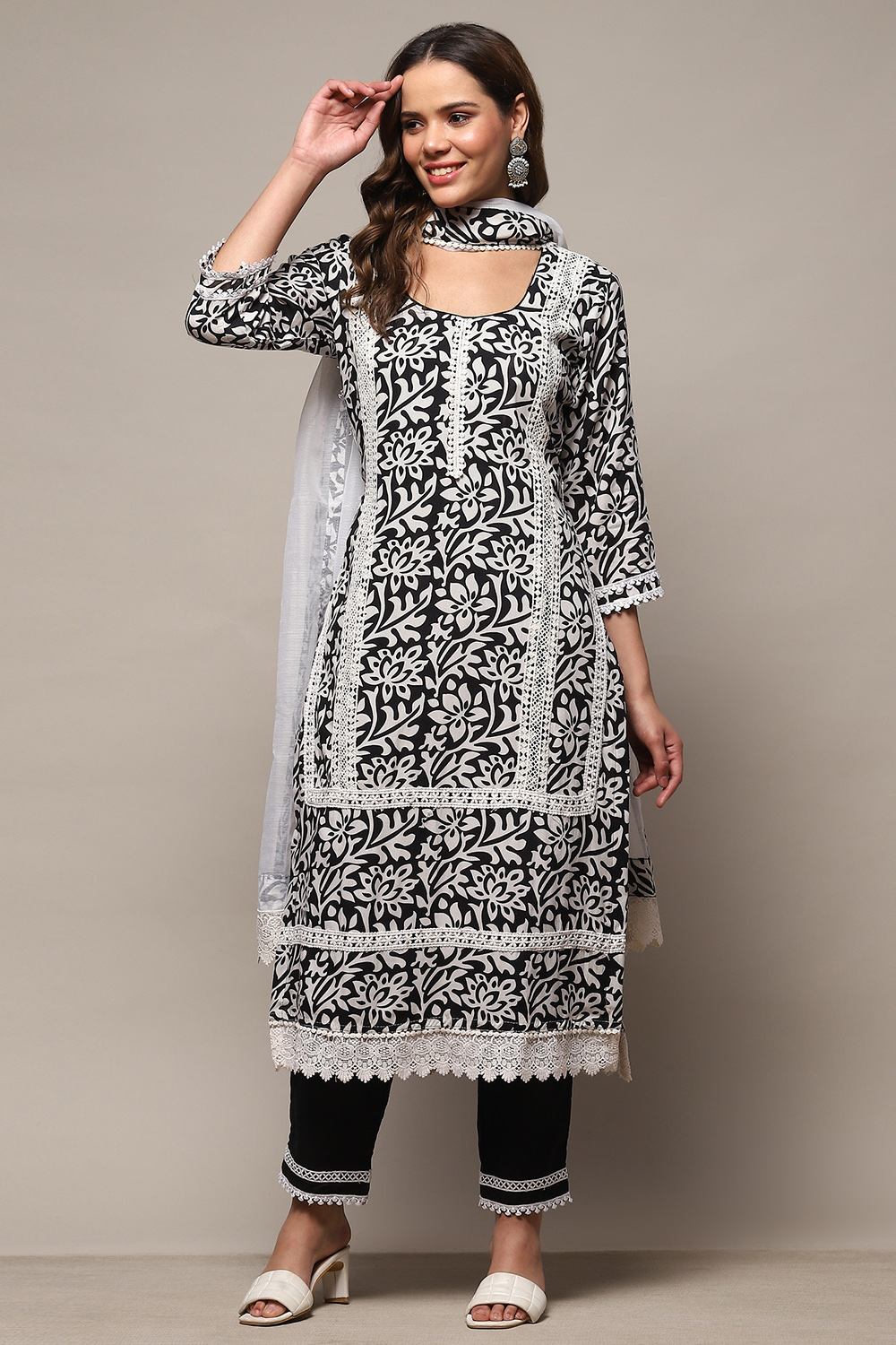 White Black Rayon Unstitched Suit Set image number 8
