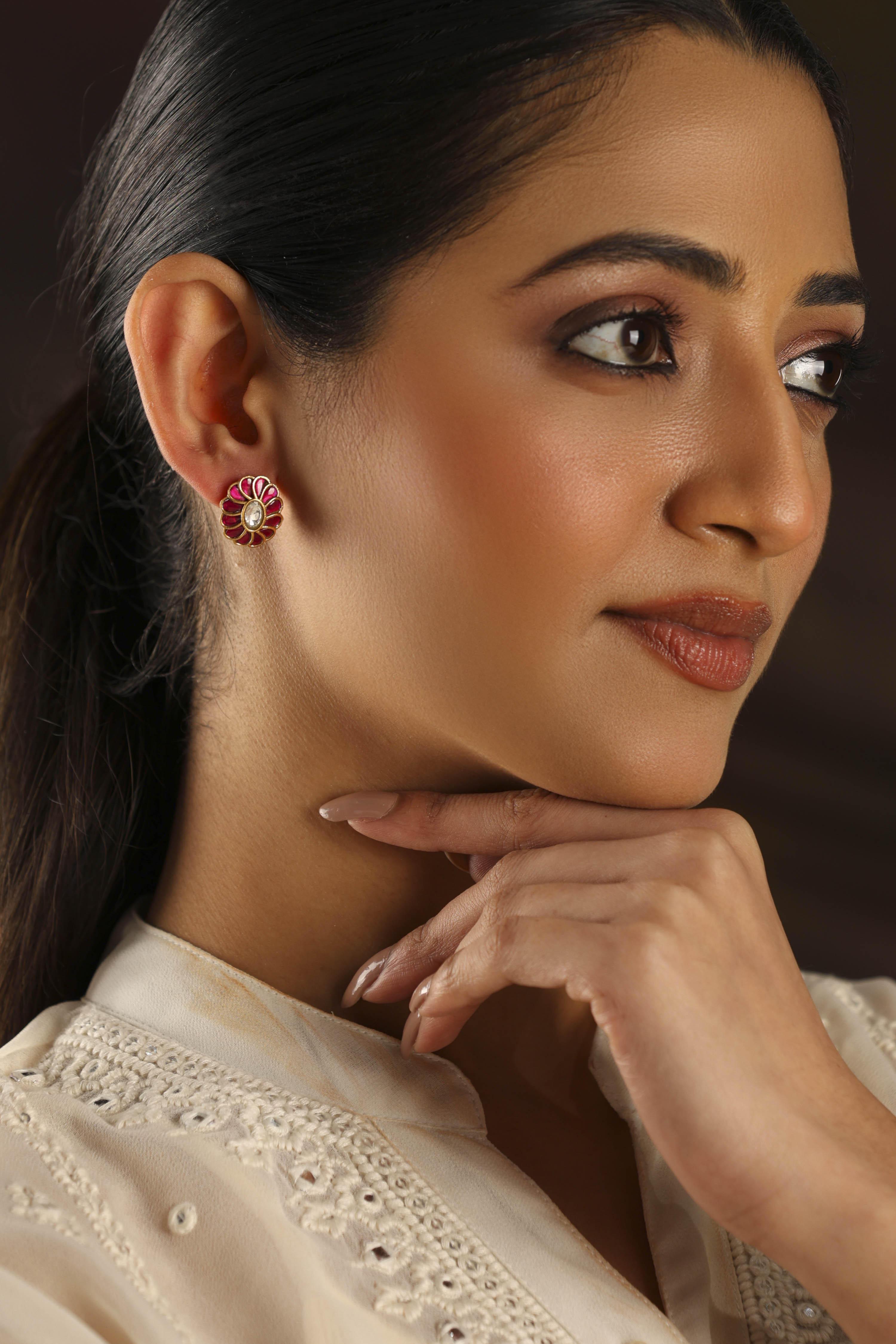 Pink Gold Plated Brass Floral Studs image number 3