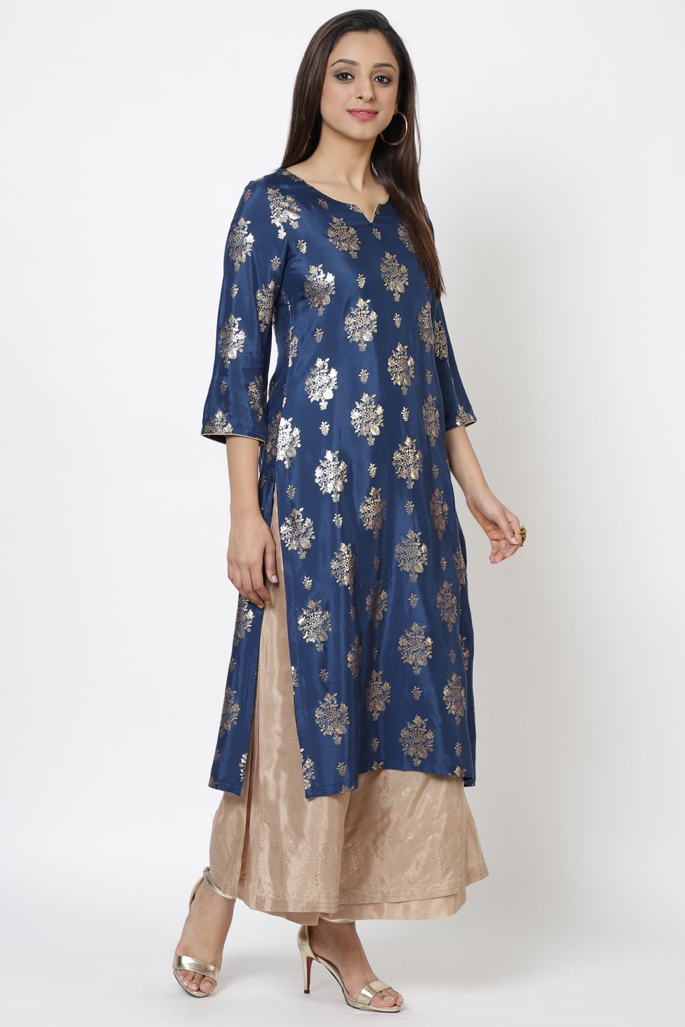 Navy Viscose Straight Printed Kurta image number 4