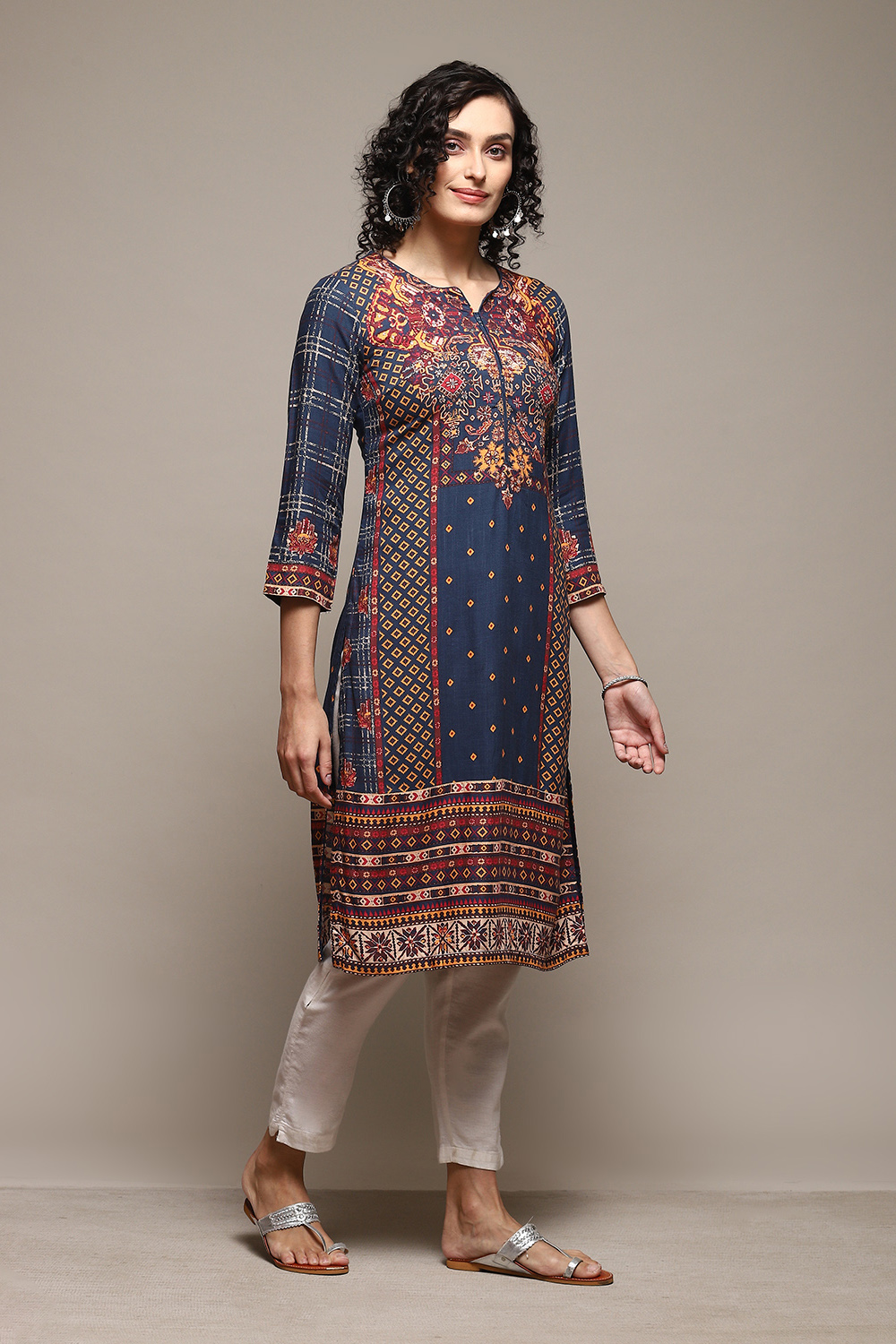 Teal LIVA Straight Printed Kurta image number 3