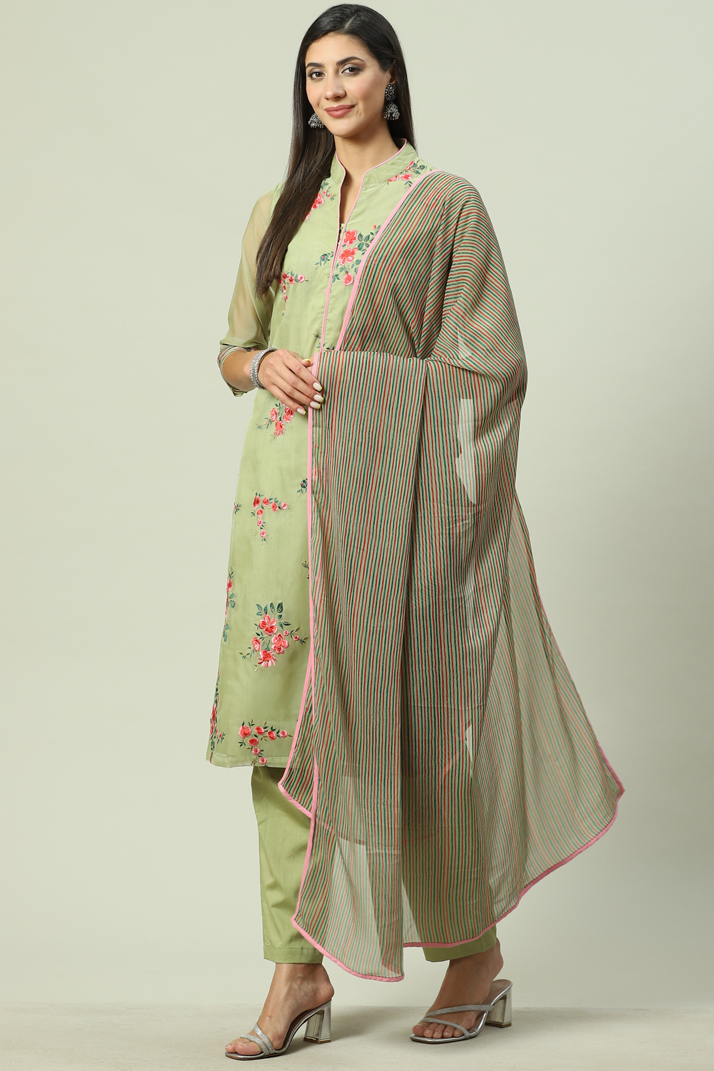 Olive Green Straight Kurta Regular Pants Suit Set image number 5