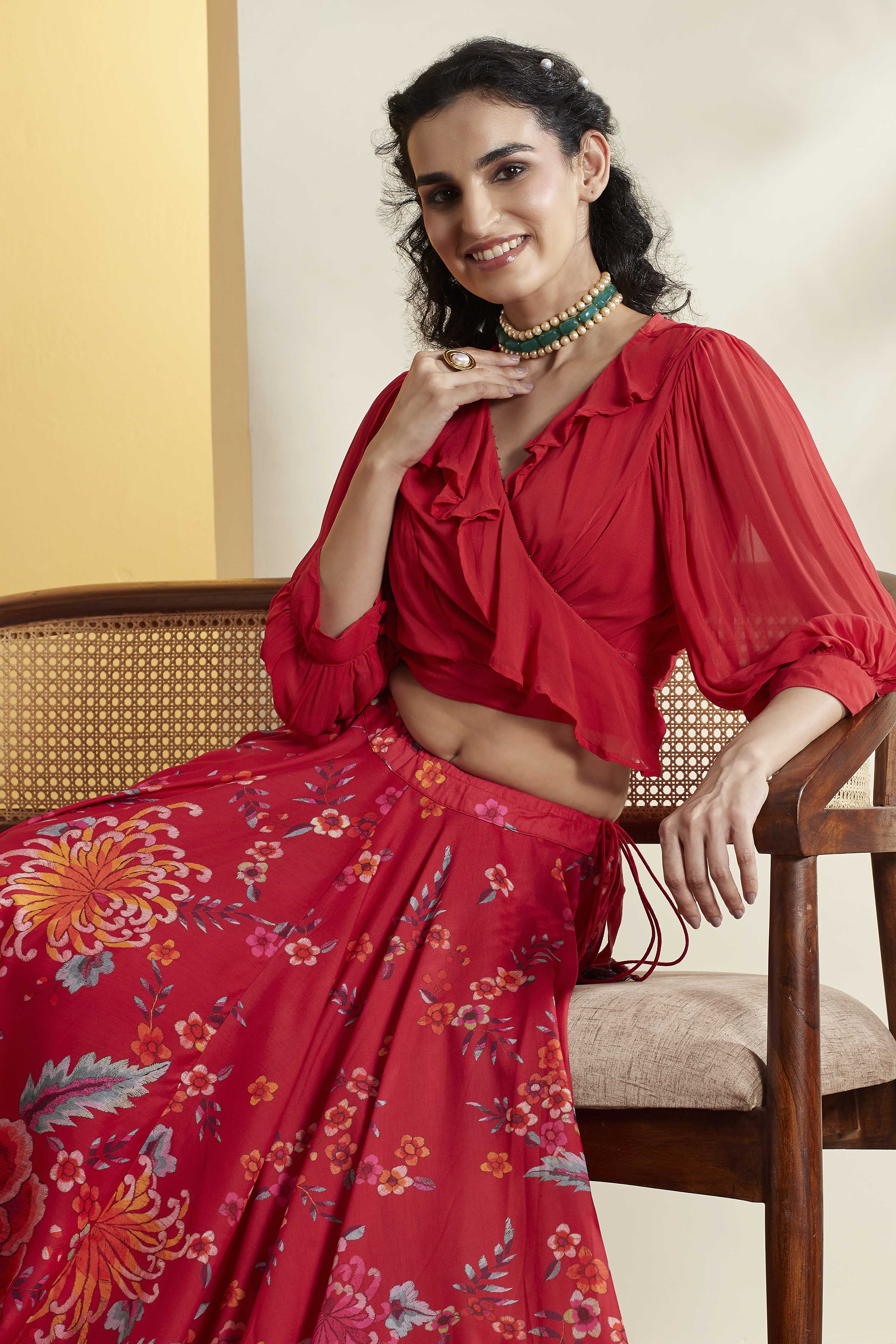Red Viscose Rayon Front Open Lehenga Set image number 1