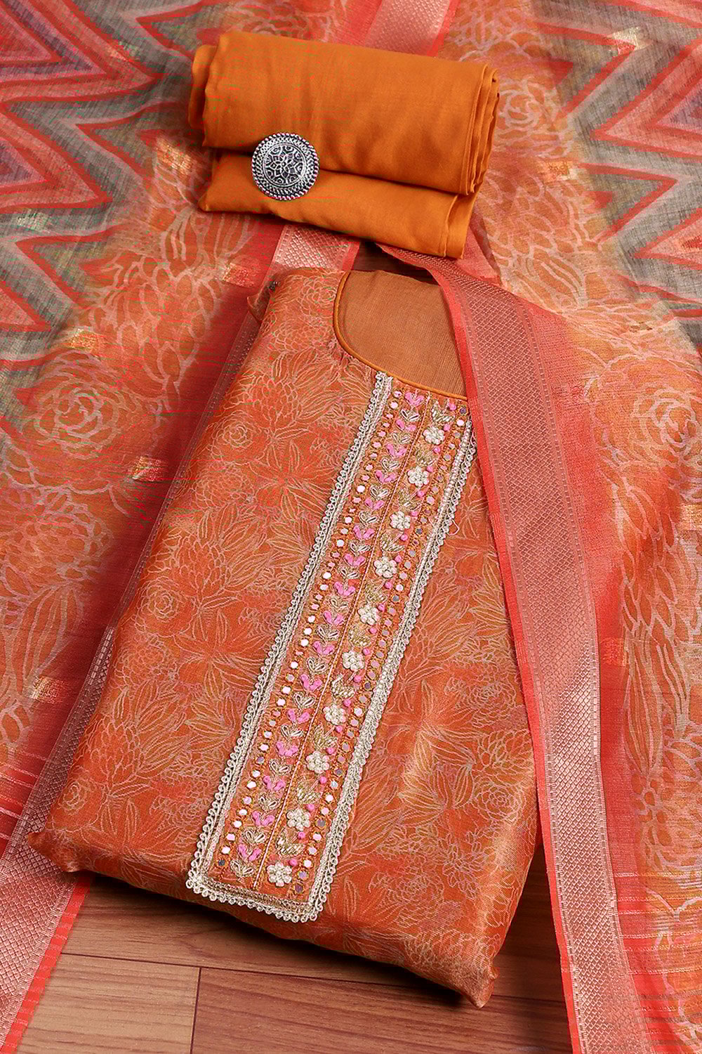 Orange Chanderi Unstitched Suit Set image number 0