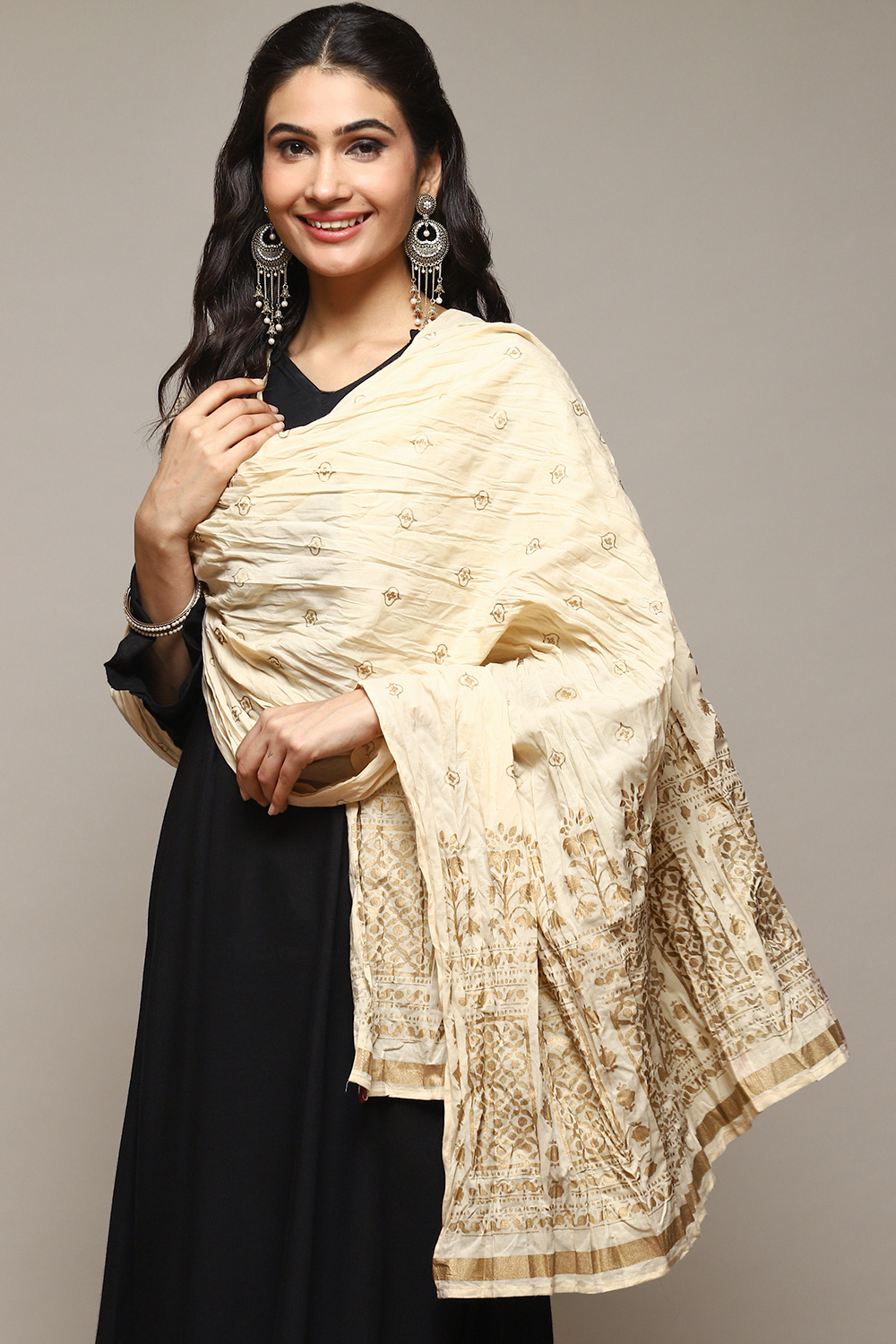 Beige Cotton Printed Dupatta image number 1