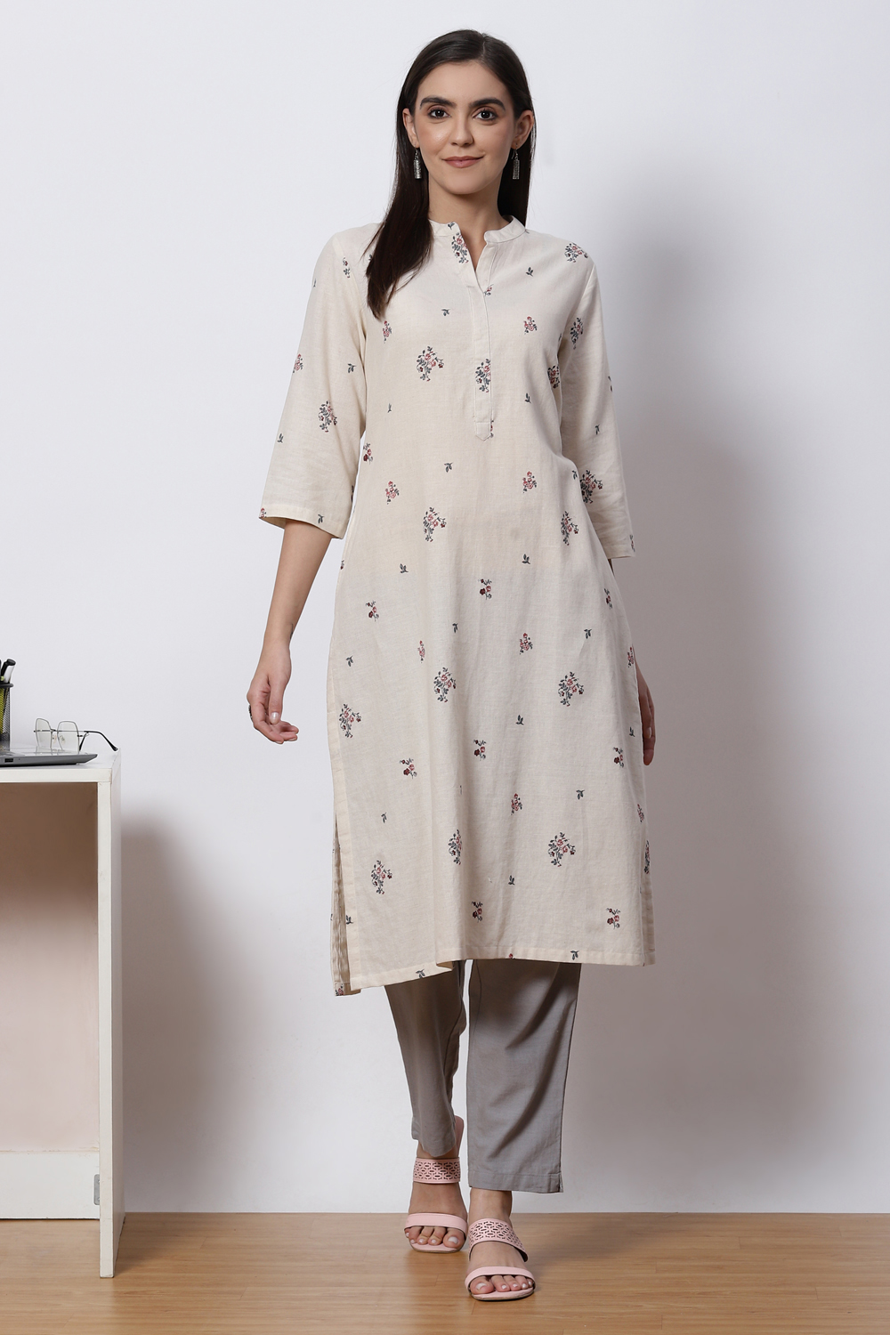 Organic Wine Cotton Straight Printed Kurta Set image number 0