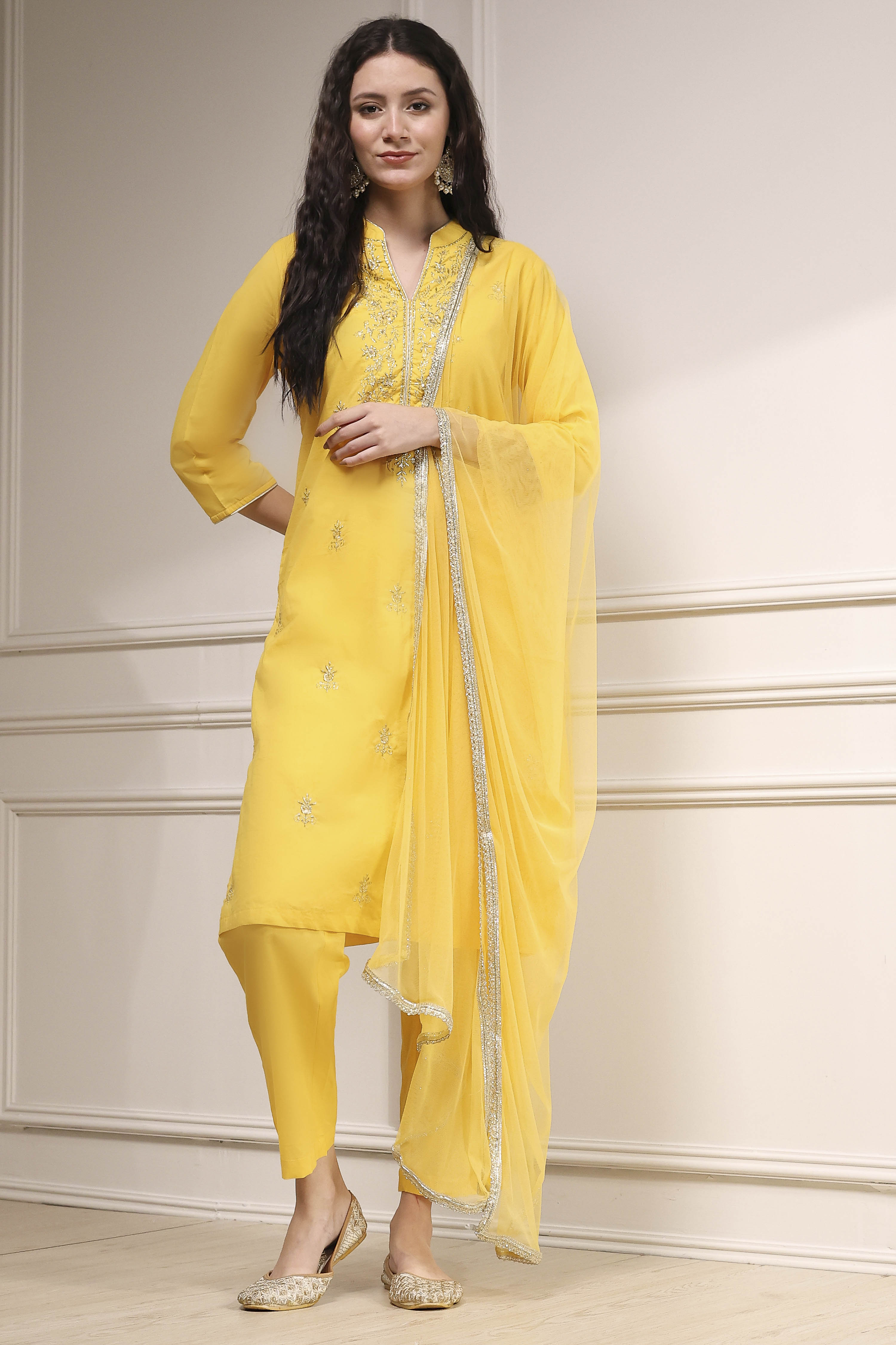Yellow Cotton Embroidered Straight Suit Set image number 6