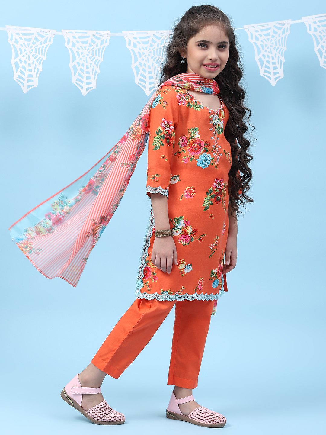 Orange Art Silk Straight Kurta Regular Pant Suit Set image number 5