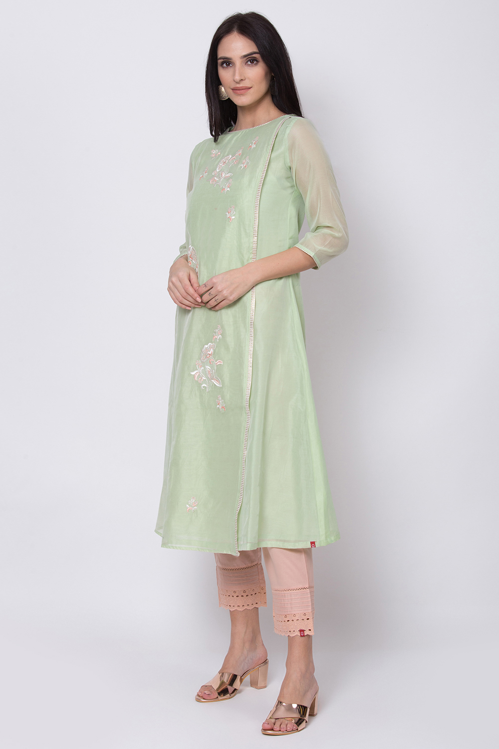 Mint Green Poly Cotton A-Line Yarndyed Kurta image number 2