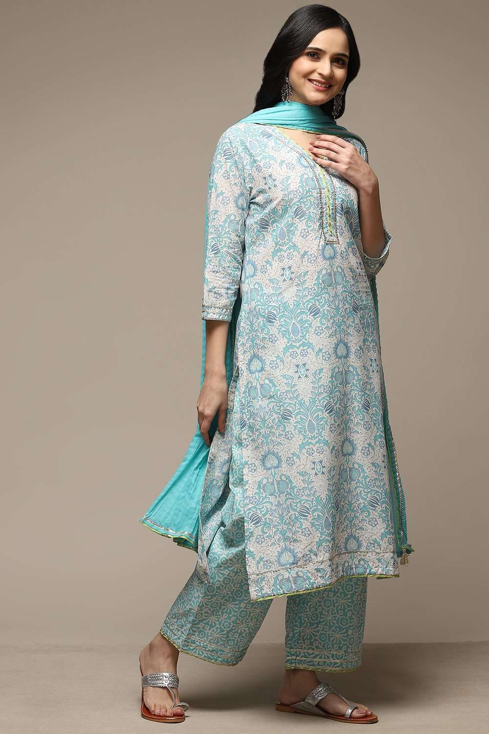 Off White & Blue Cotton Straight Kurta Palazzo Suit Set