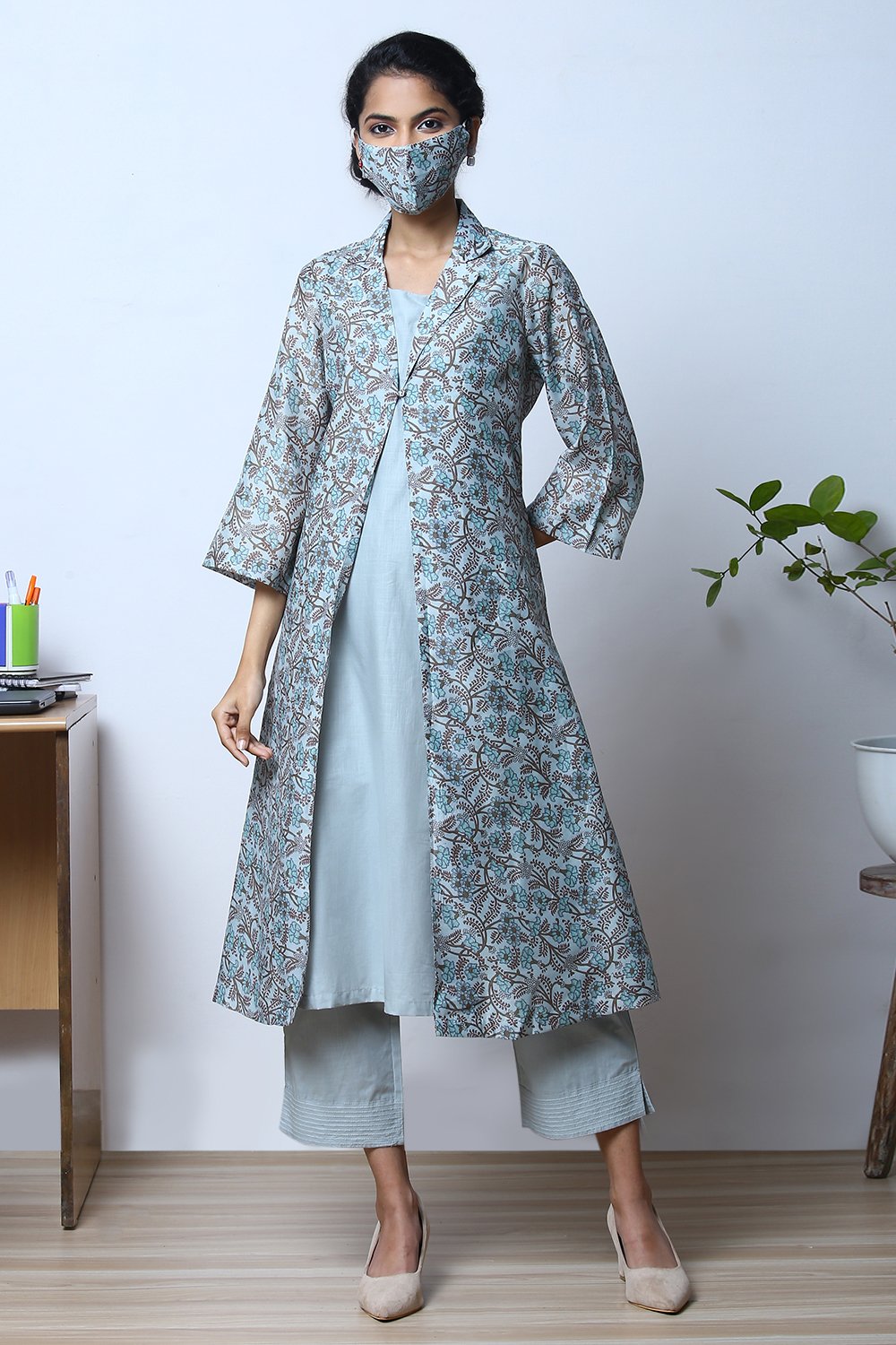 Smoke Blue Art Silk Fusion Kurta Relaxed Pant Suit Set image number 5