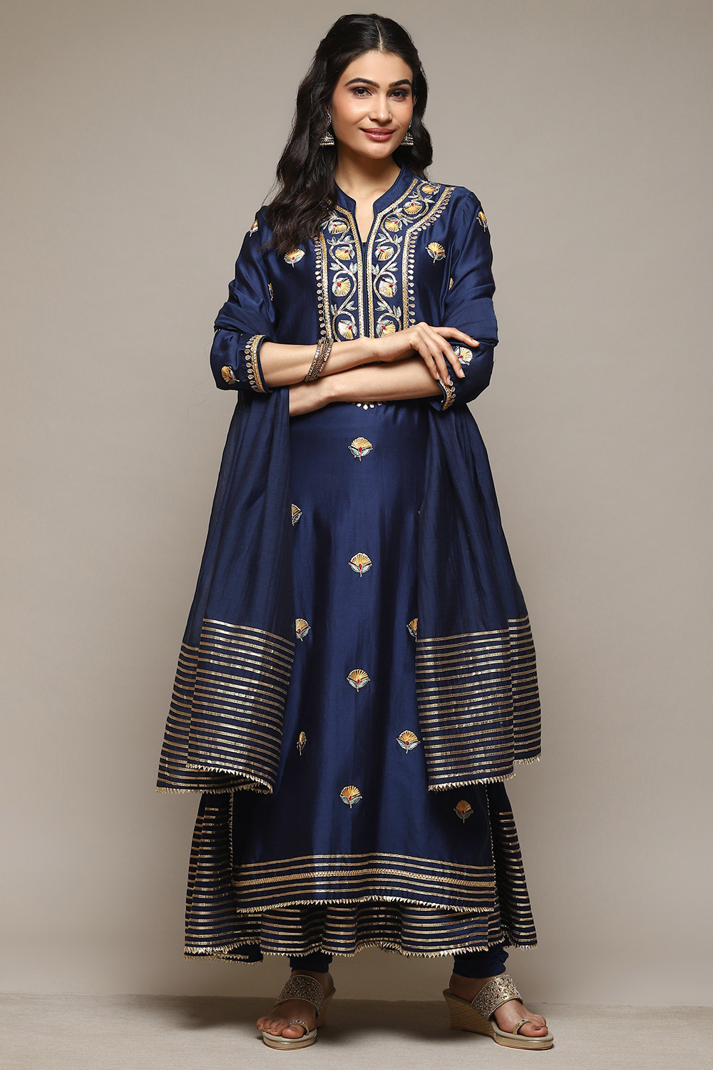 Navy Cotton Blend Layered Kurta Churidar Suit Set image number 8