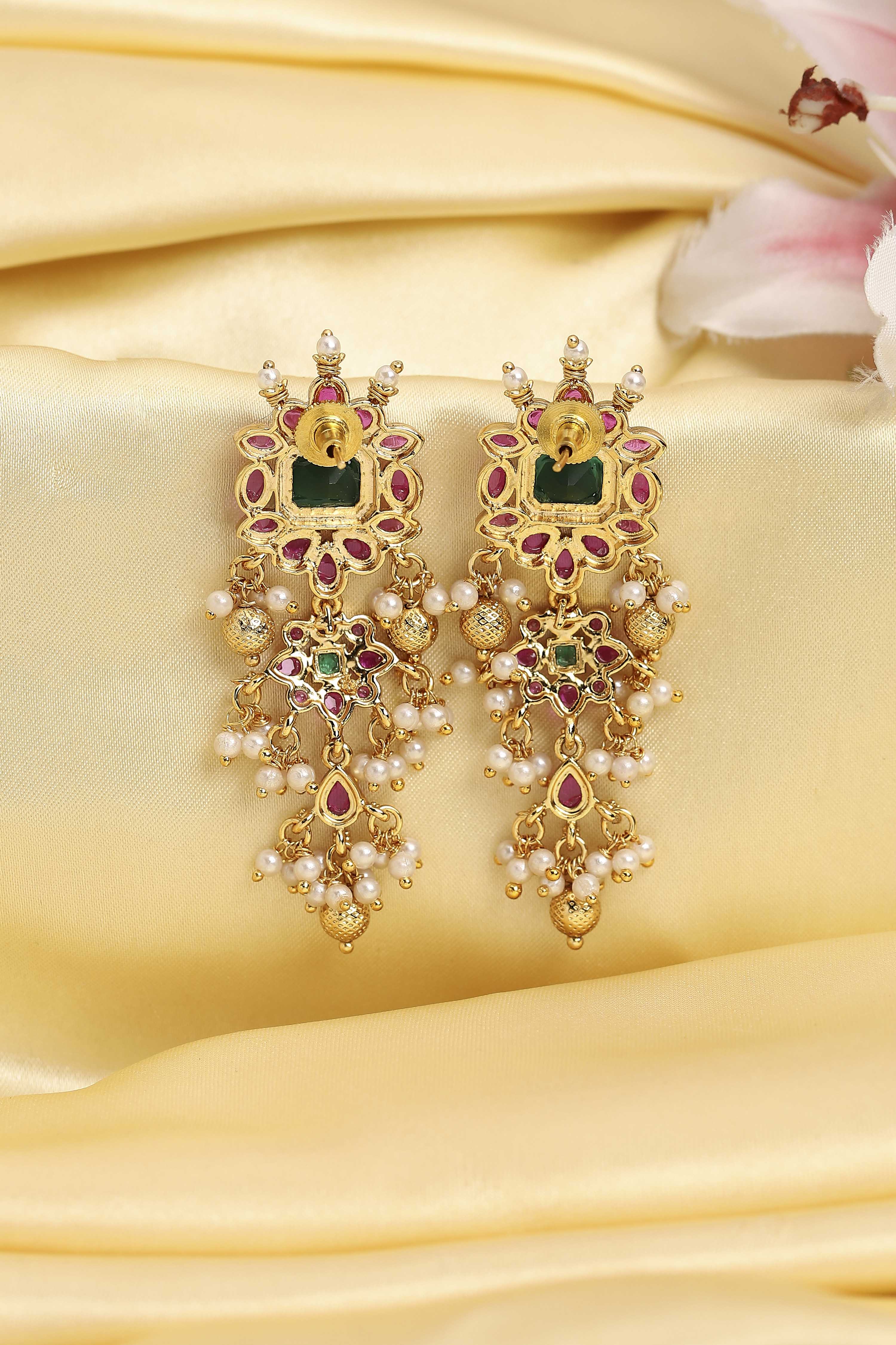 Multicolour Gold Plated Brass Studded Drop Earrings image number 2