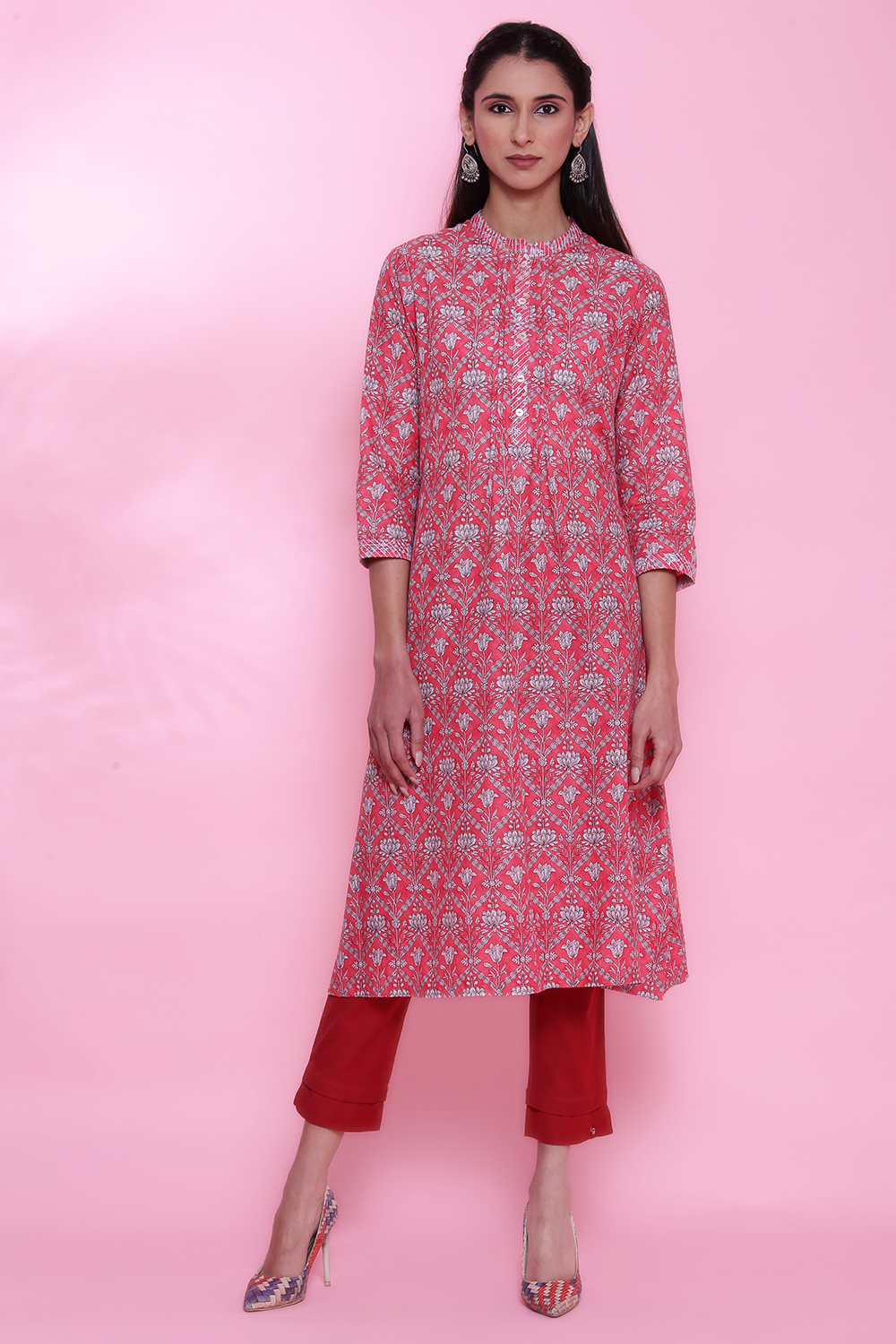 Pink Cotton A-Line Printed Kurta image number 0