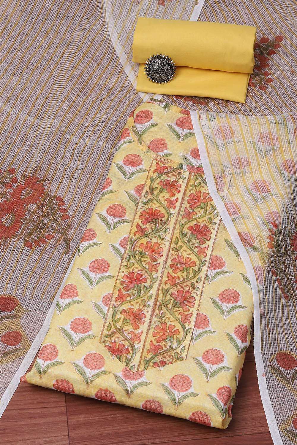 Yellow Cotton Blend Unstitched Suit set image number 0