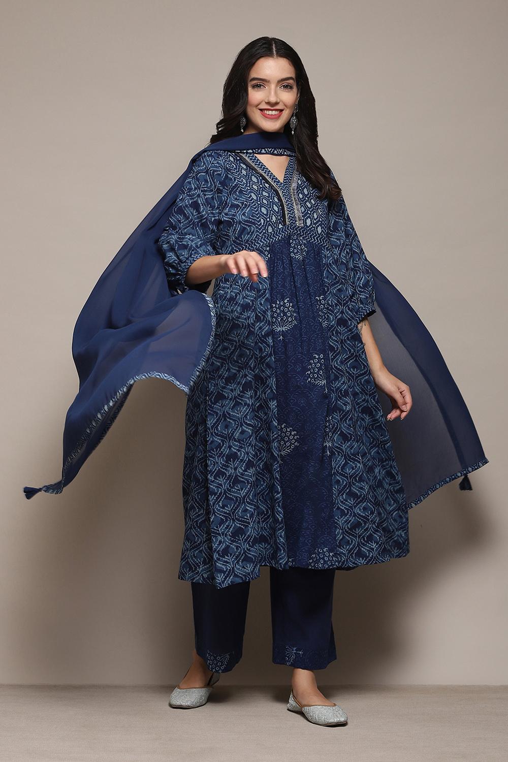 Indigo Cotton Gathered Kurta Palazzo Suit Set image number 7