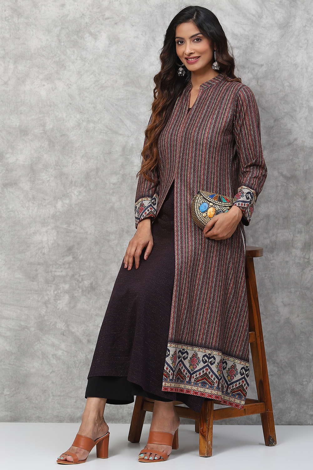 Dark Plum Flared Acrylic Kurta image number 0