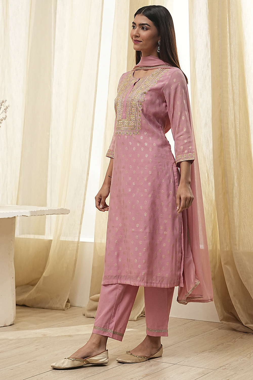 Dull Pink Embroidered Straight Suit Set image number 3