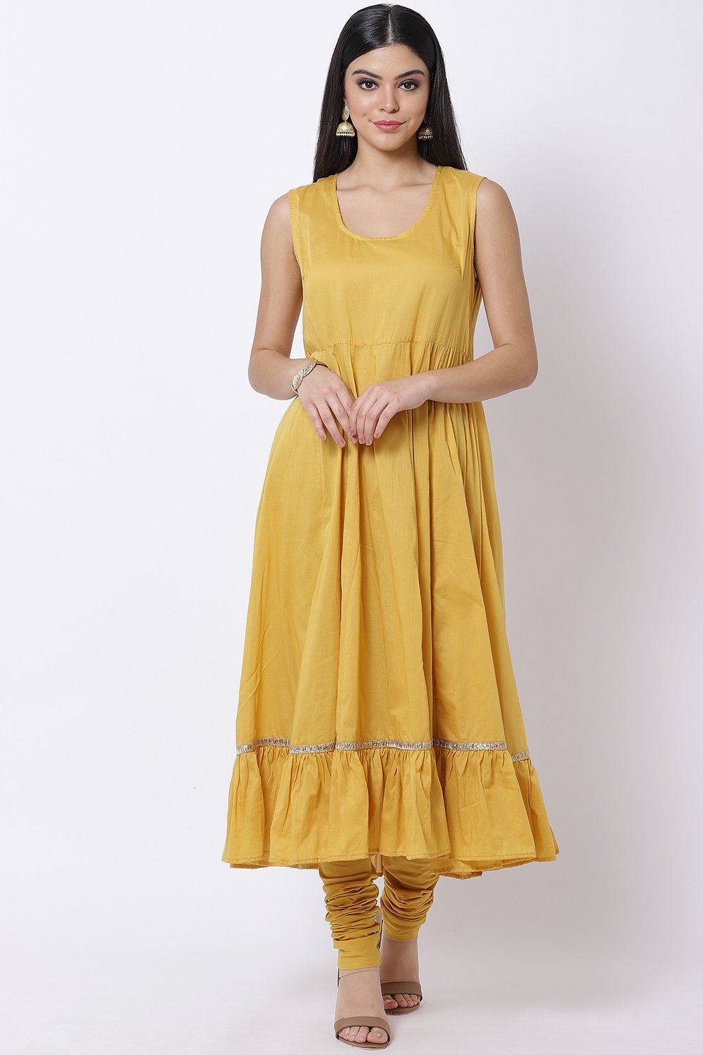 Yellow Cotton Flared Kurta Churidar Suit Set image number 4