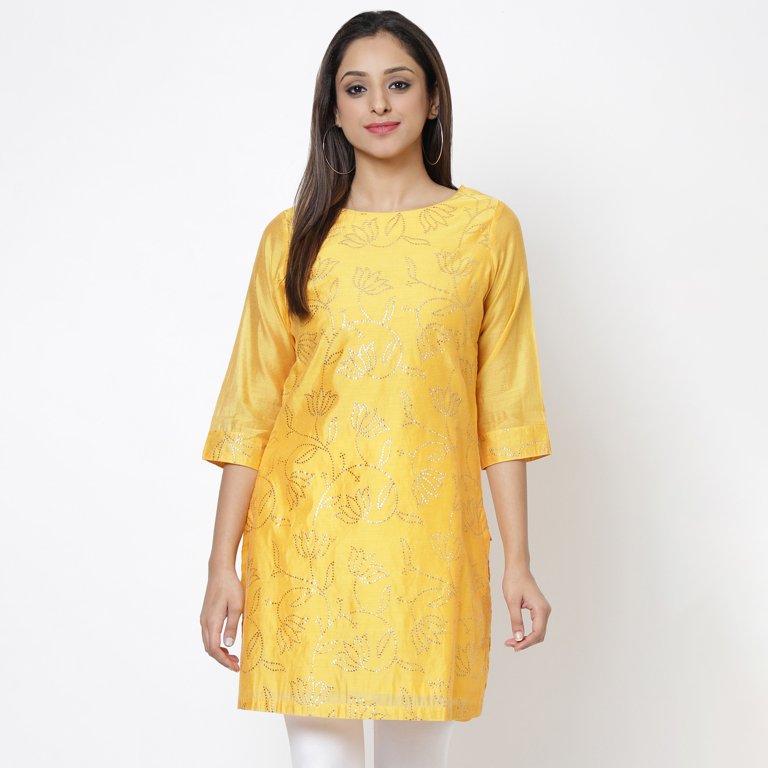 Yellow Poly Cotton Short Yarndyed Kurti image number 3