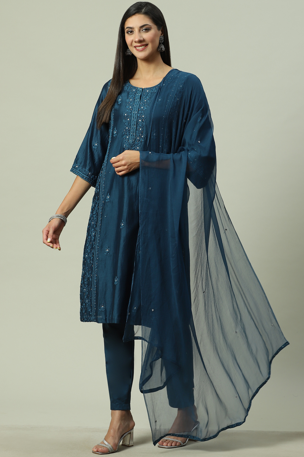 Indigo Silk Blend Straight Kurta Slim Pants Suit Set image number 0