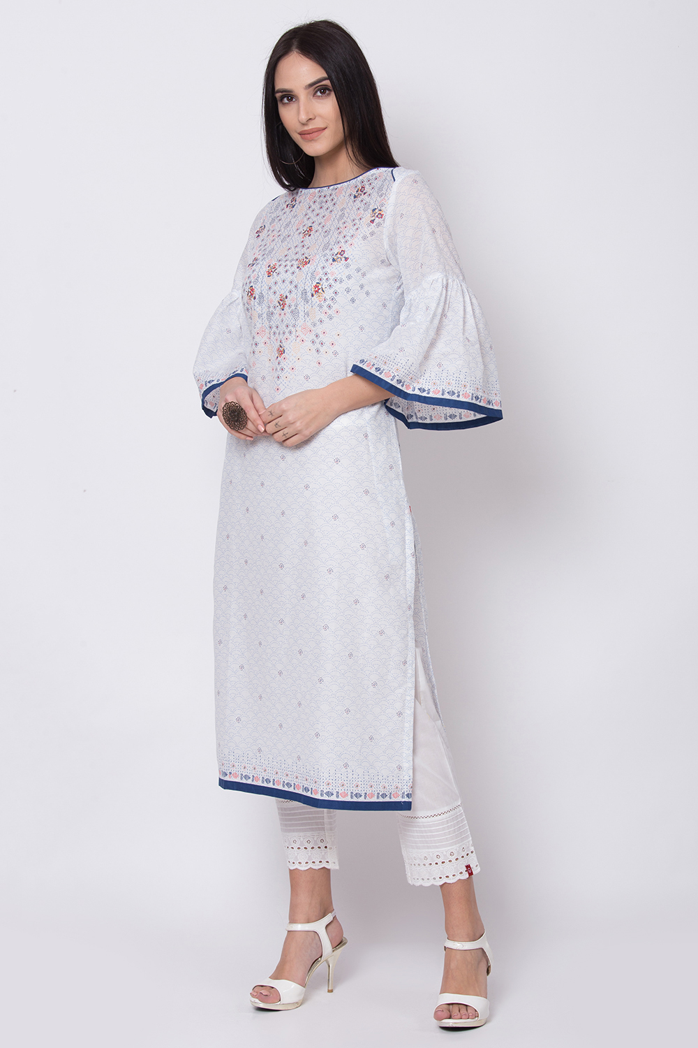 White Cotton Straight Printed Kurta image number 3