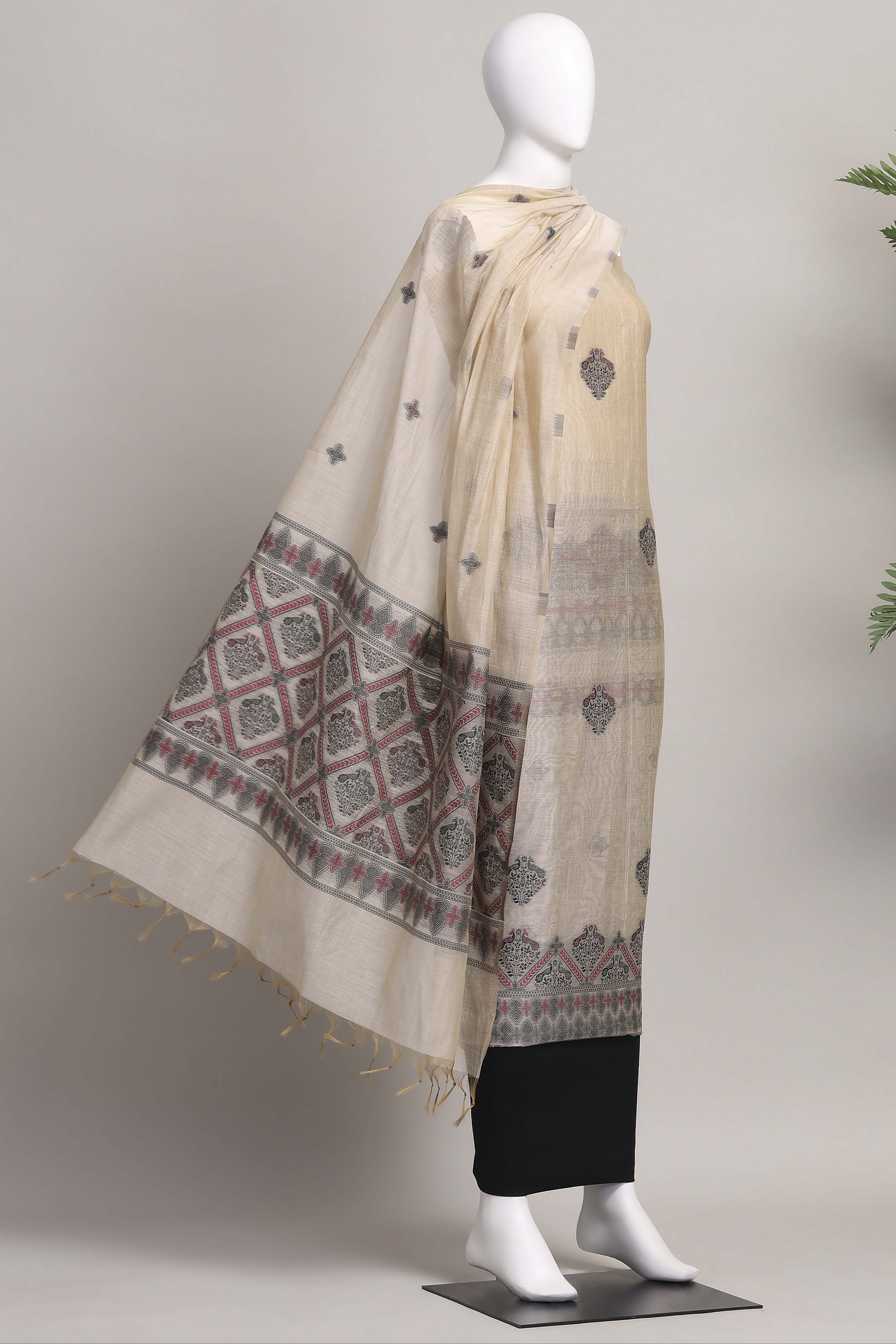 Black Cotton Printed Embroidered Unstitched Suit Set image number 4