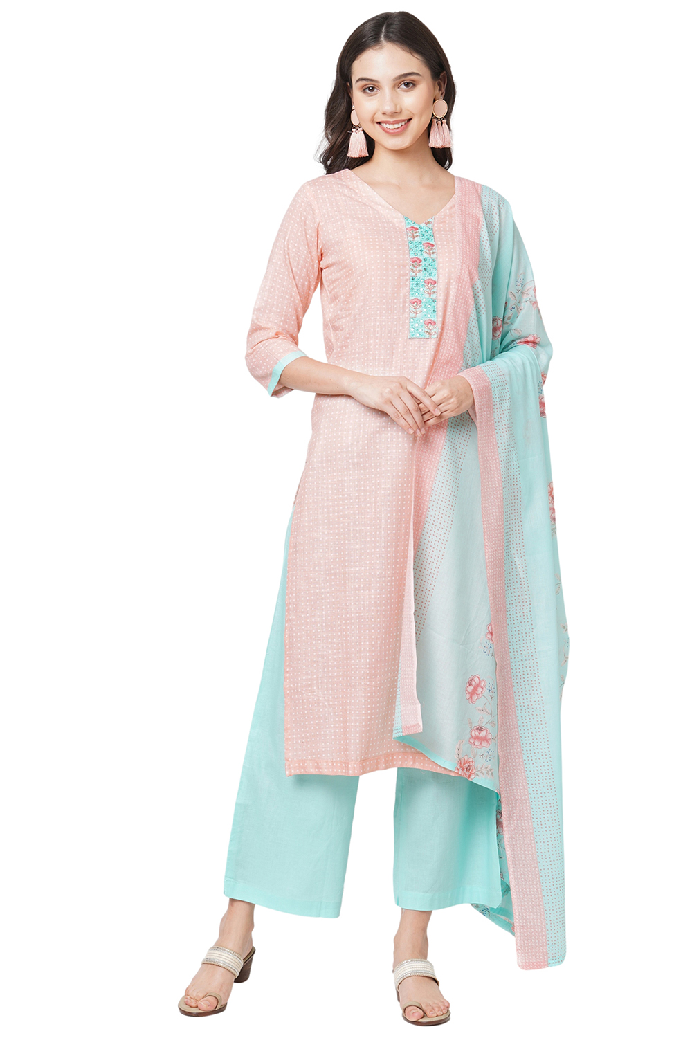 Pink Cotton Screen Print Unstitched Suit Set image number 2