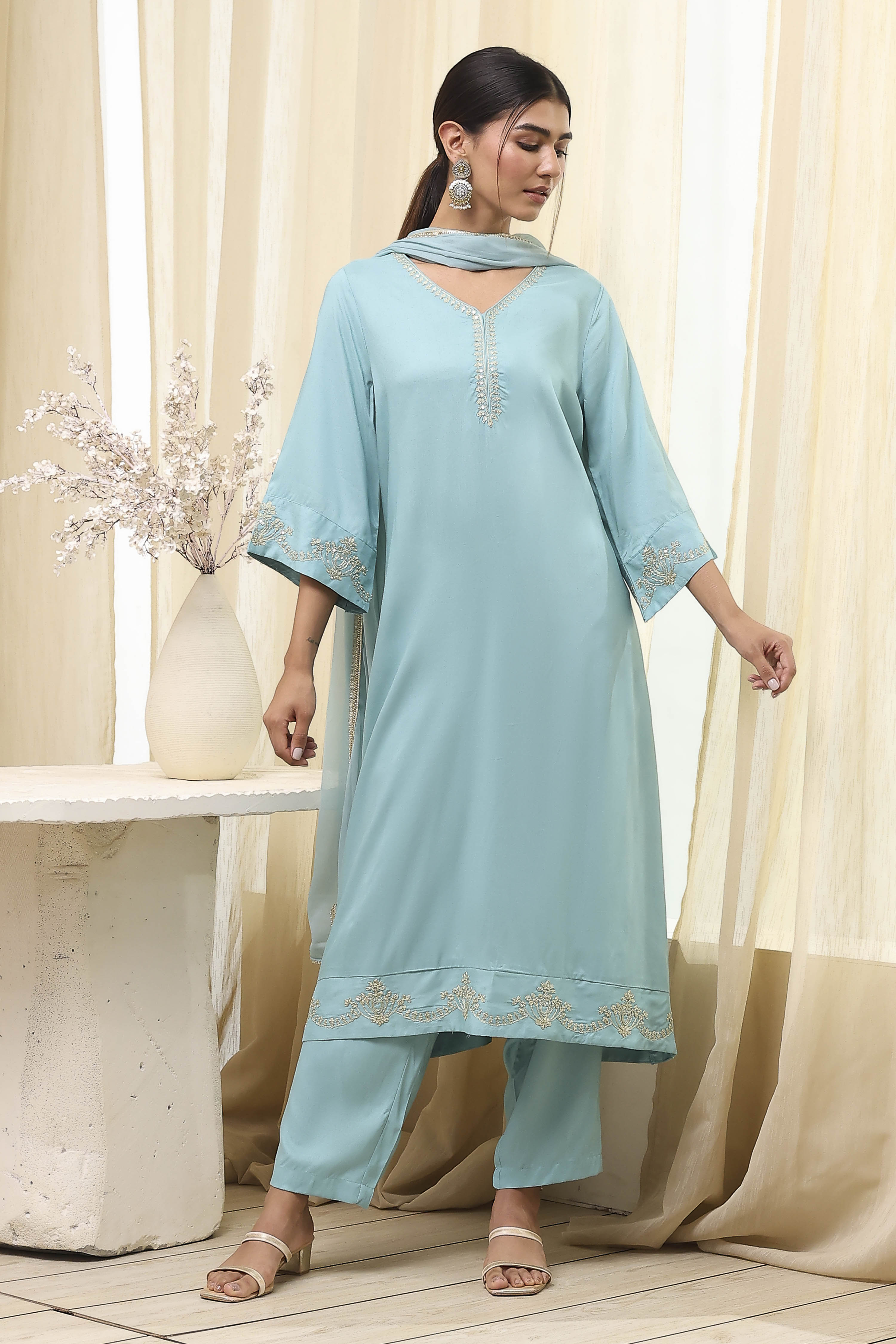 Dull Blue Solid A-Line Suit Set image number 6