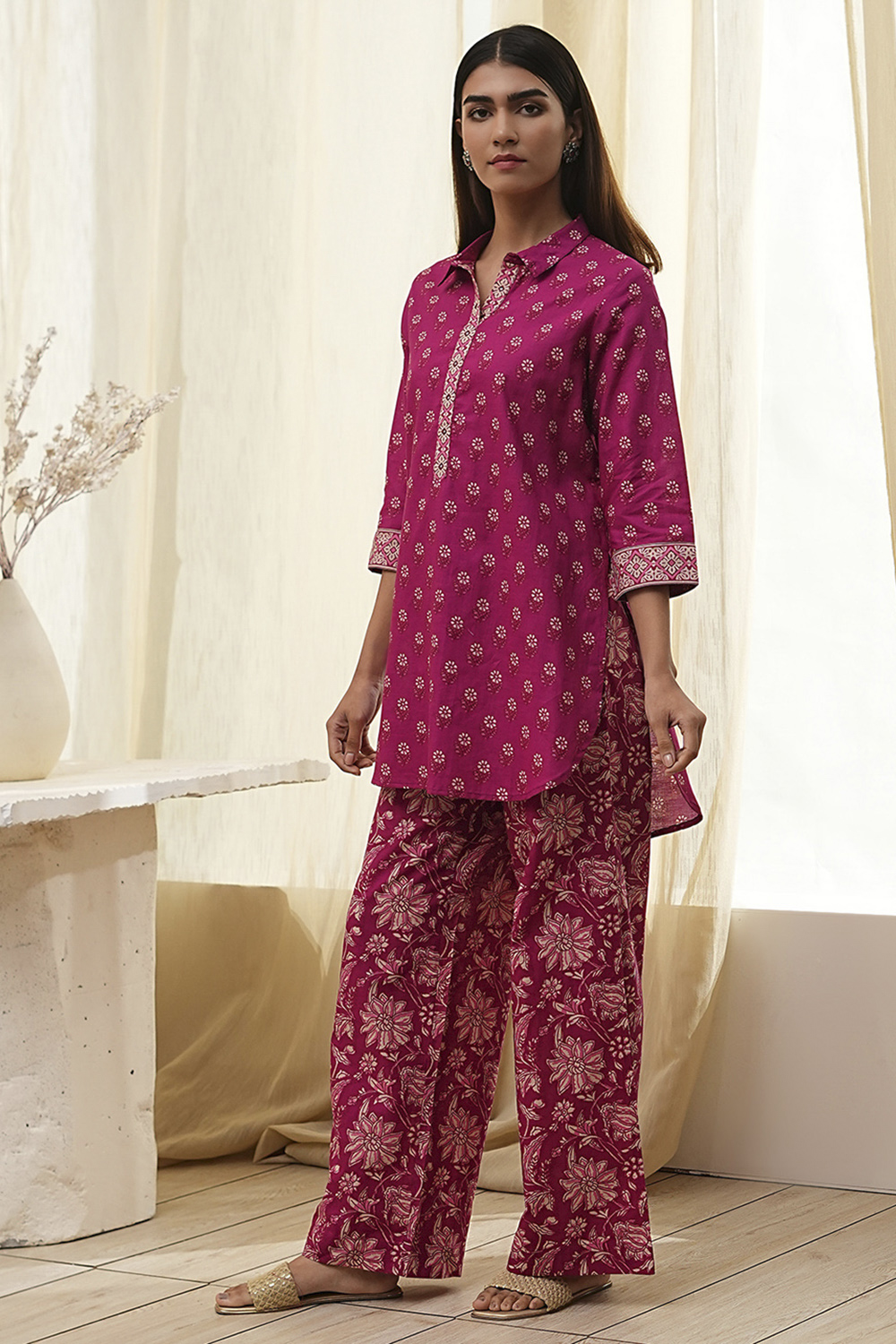 Plum Red Cotton Printed Kurta Set image number 3