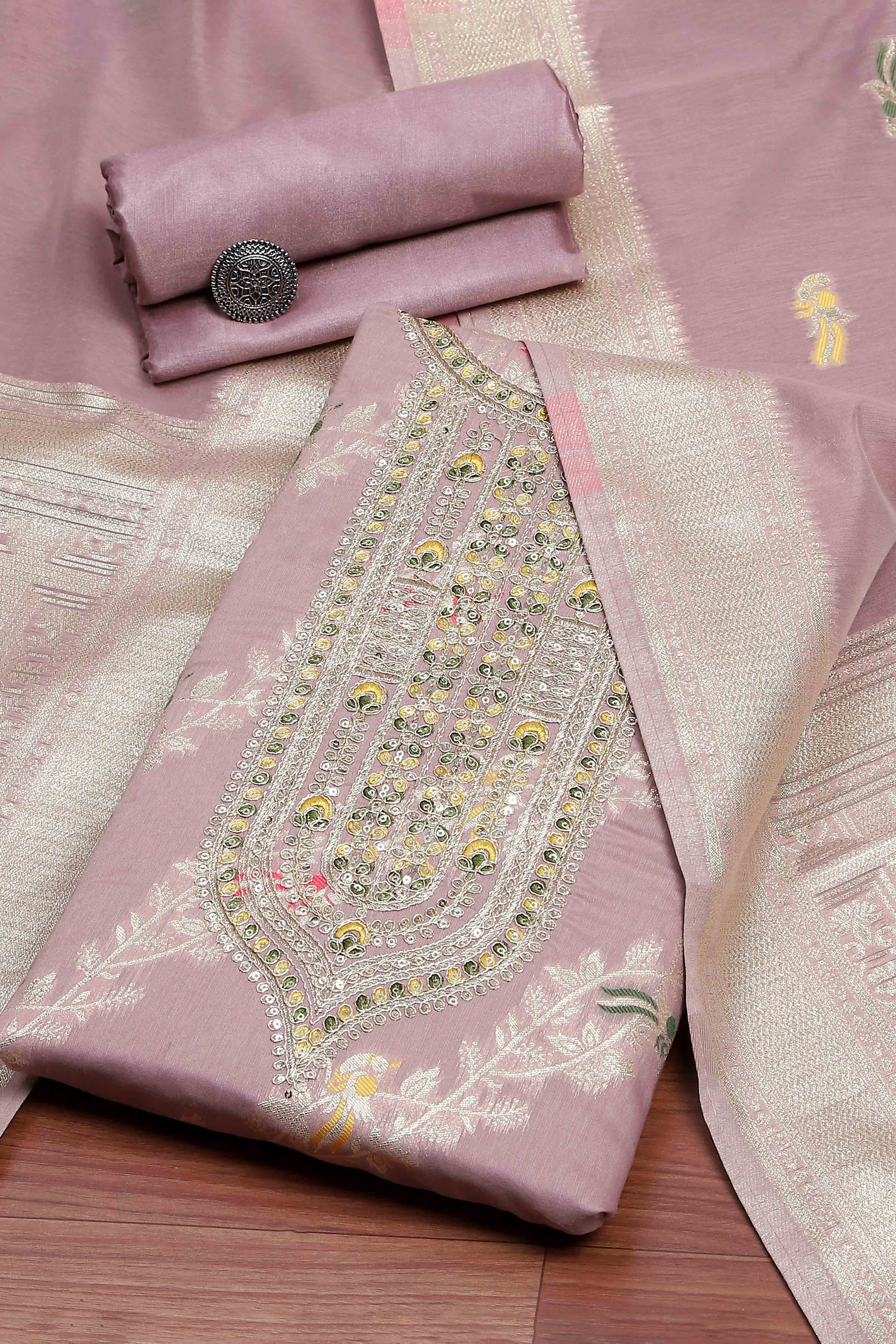 Pink Tissue Chanderi Embroidered Unstitched Suit Set image number 0