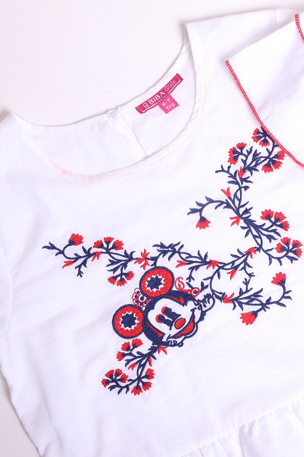 White And Red Cotton Indie Mickey Embroidered Top And Pant Set image number 1