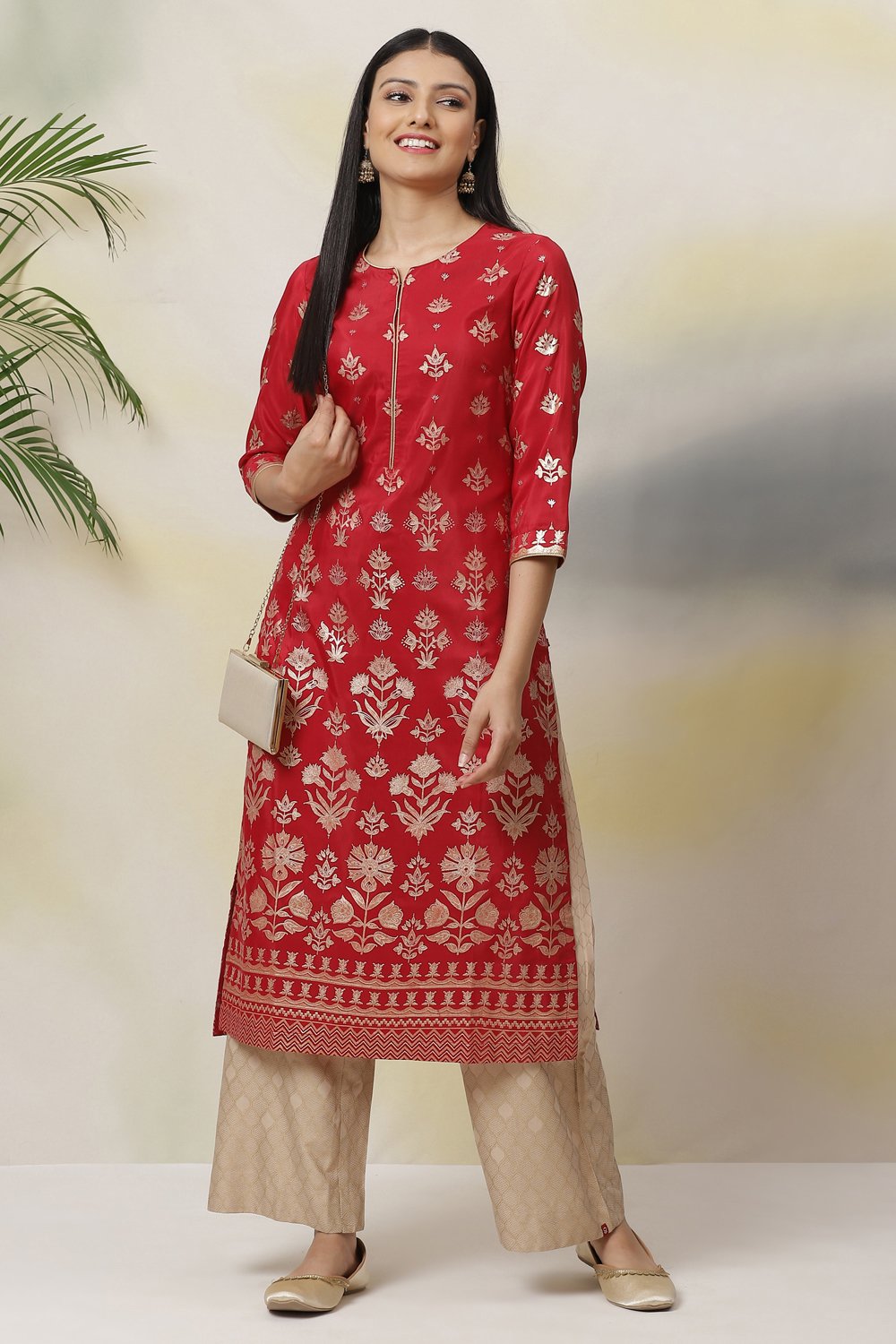 Red Art Silk Straight Printed Kurta image number 4