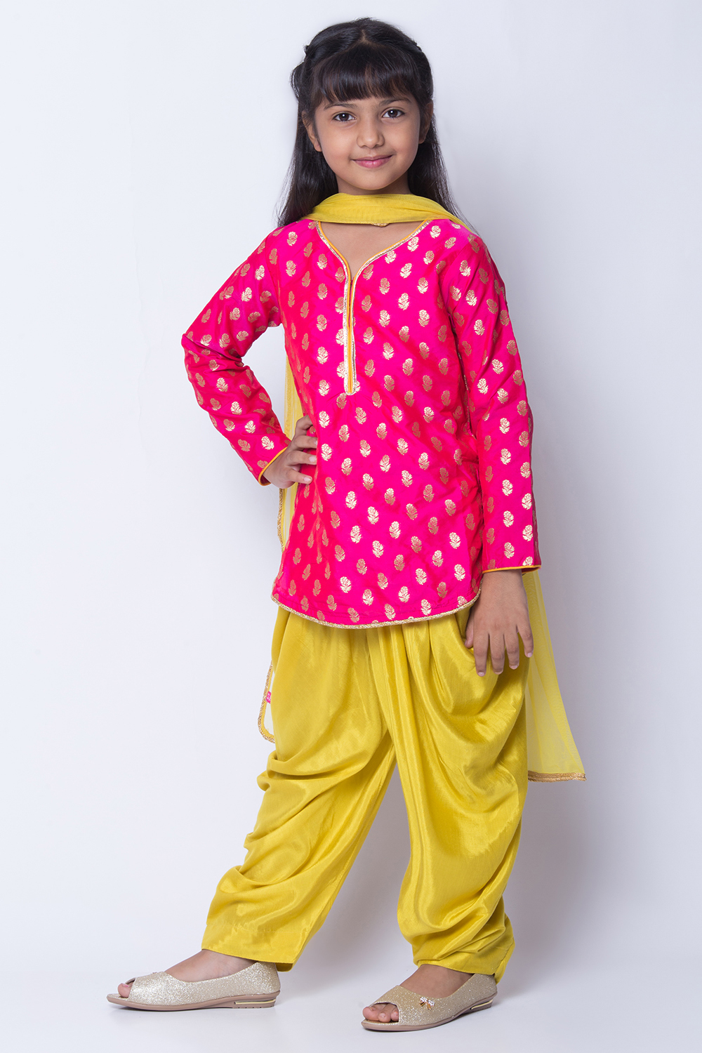 Pink And Lime Green Kurta Dhoti Salwar Suit Set at Biba India