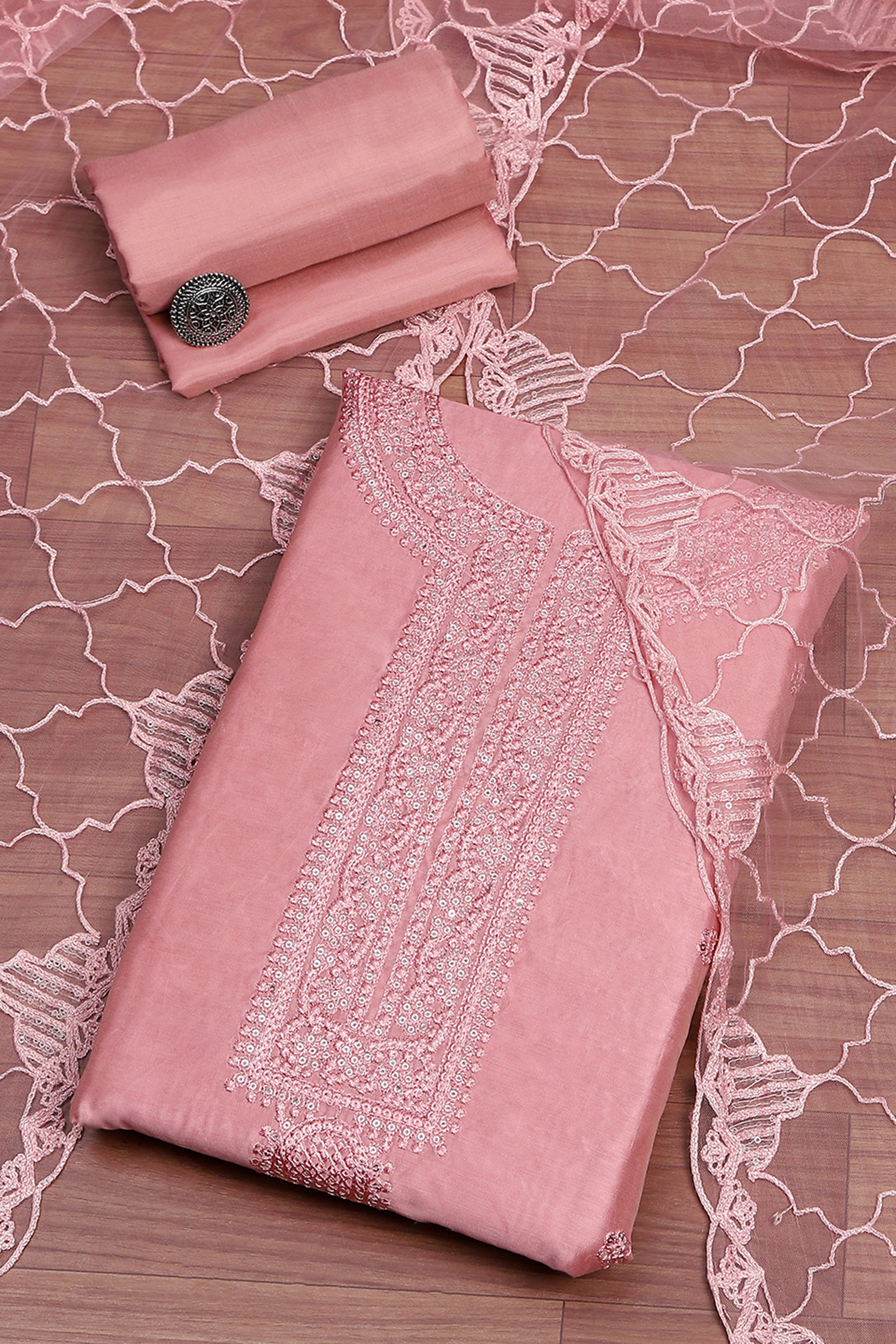 Peach Chanderi  Embroidered Unstitched Suit Set image number 0