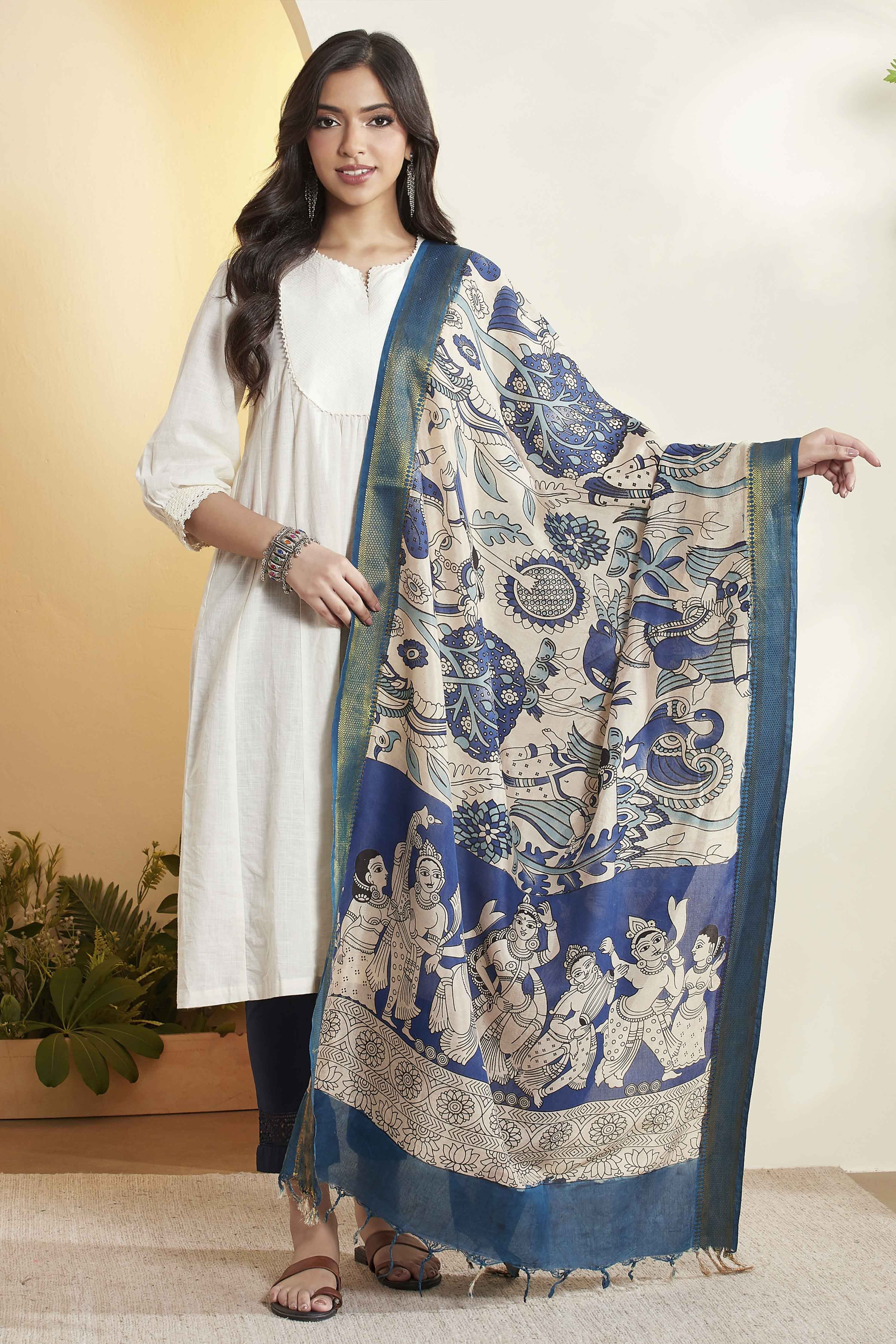 Blue Chennur Silk Printed Dupatta image number 6
