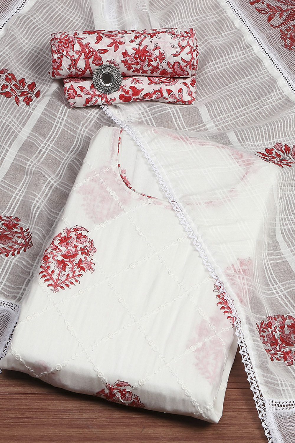 White Pink Cotton Hand Block Print Unstitched Suit Set image number 0