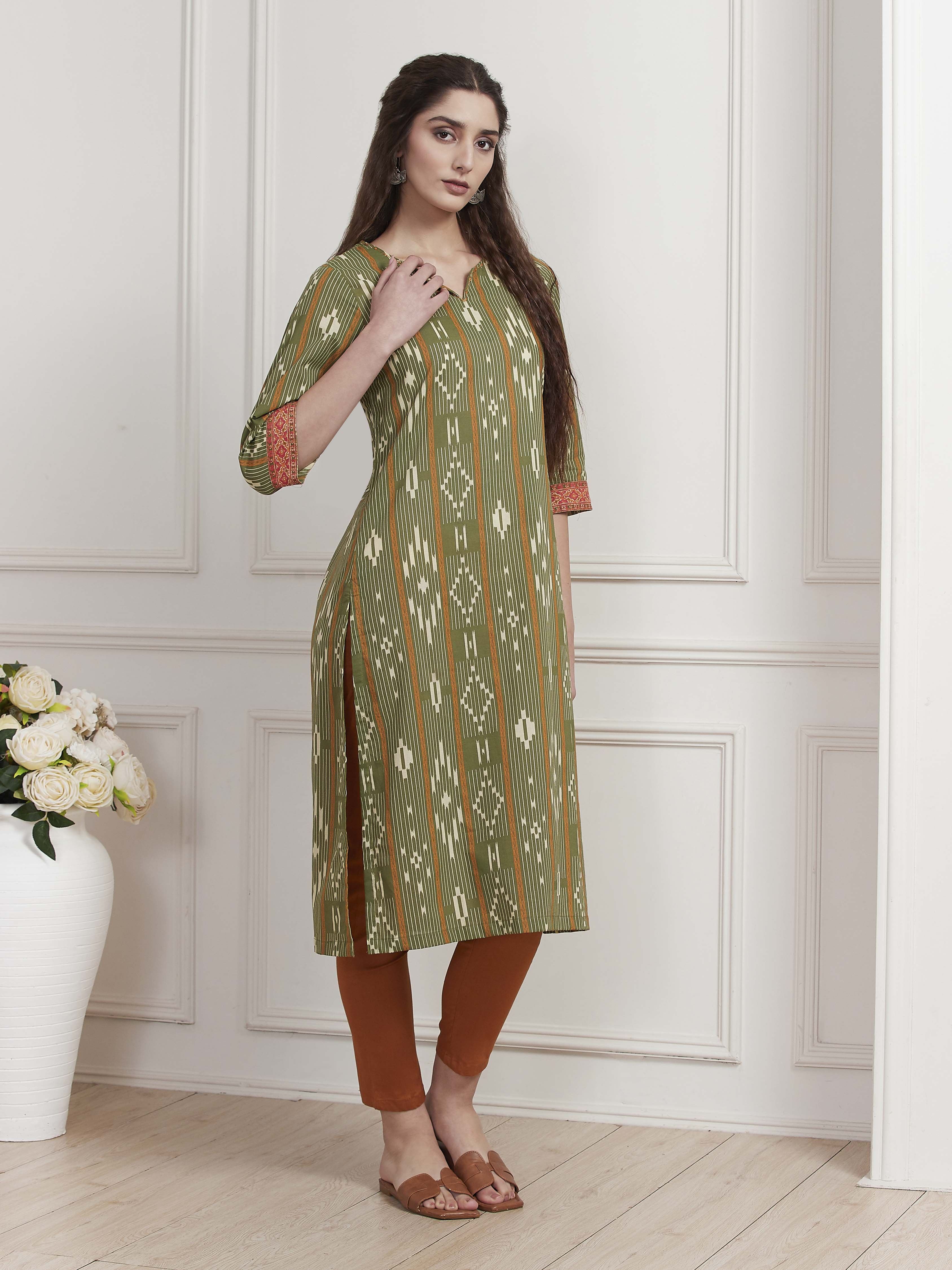 Green Cotton Printed Straight Kurta image number 4