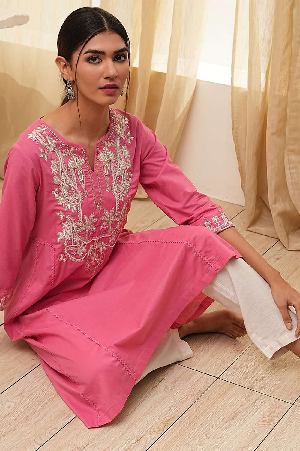 Pink Cotton Embroidered A-Line Kurta image number 0