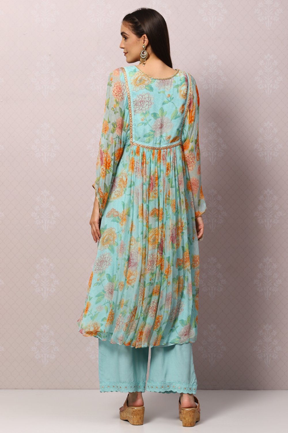 Peach Viscose Flared Kurta Palazzo Suit Set image number 4