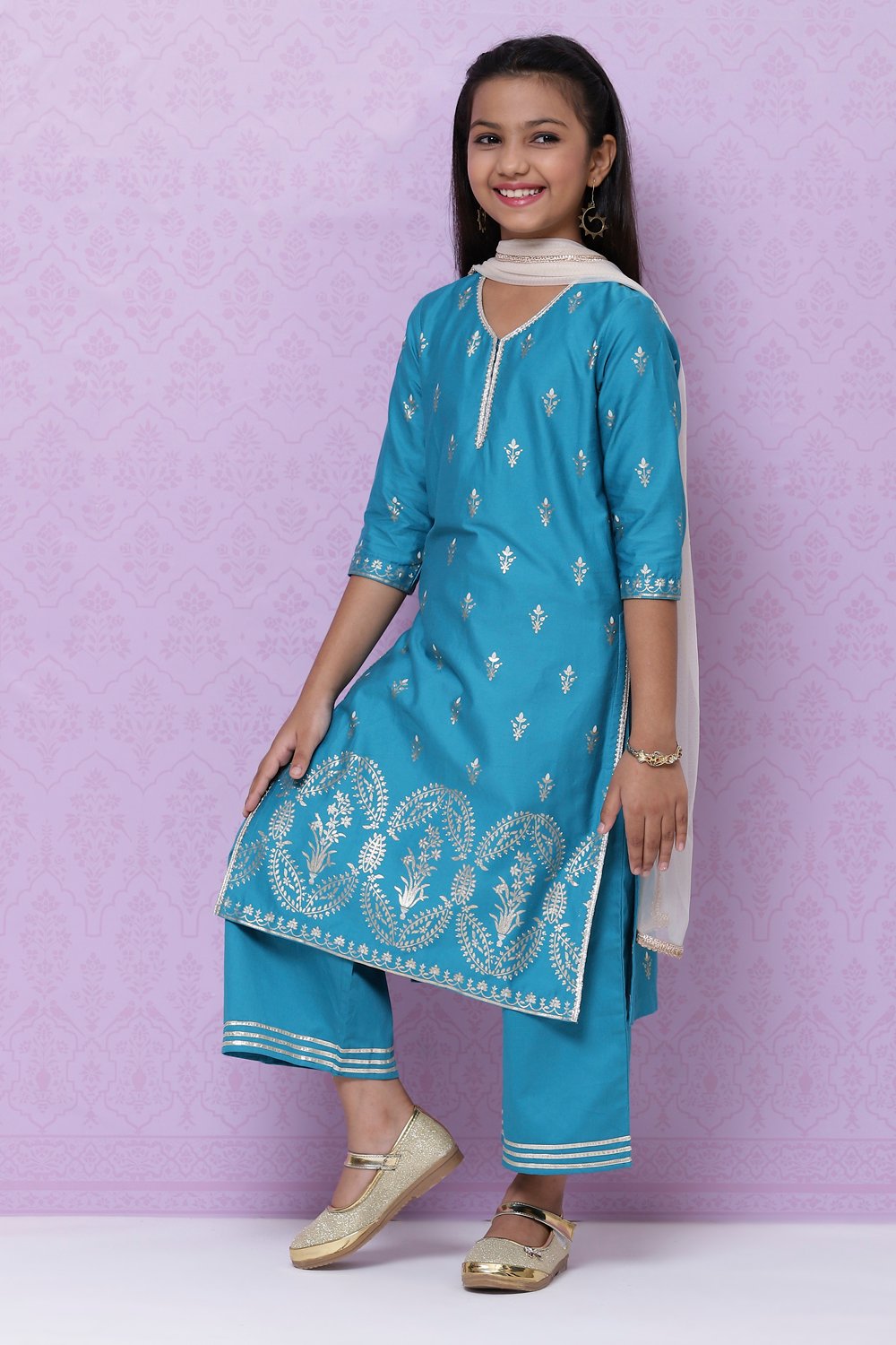 Teal Cotton Girls Straight Straight Kurta Palazzo Suit Set image number 5