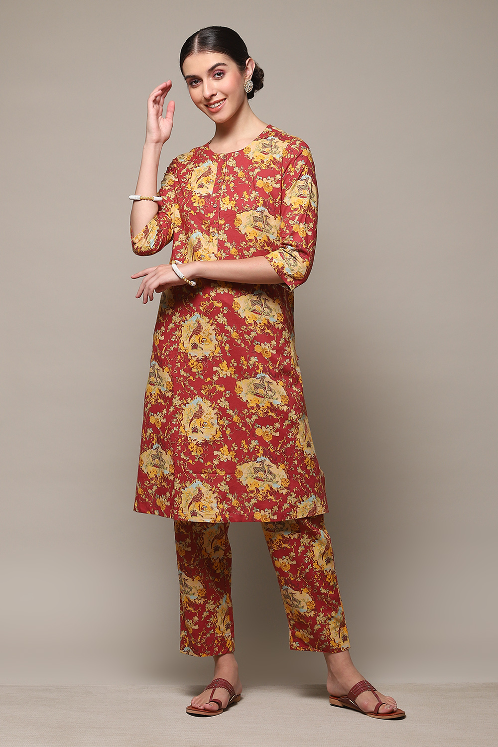 Red Cotton Straight Kurta Relaxed Pant Suit Set image number 0