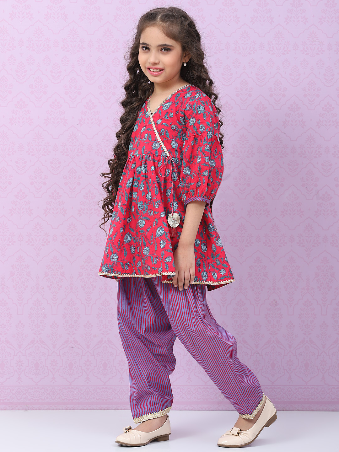 Pink Cotton Flared Printed Kurta Set image number 0