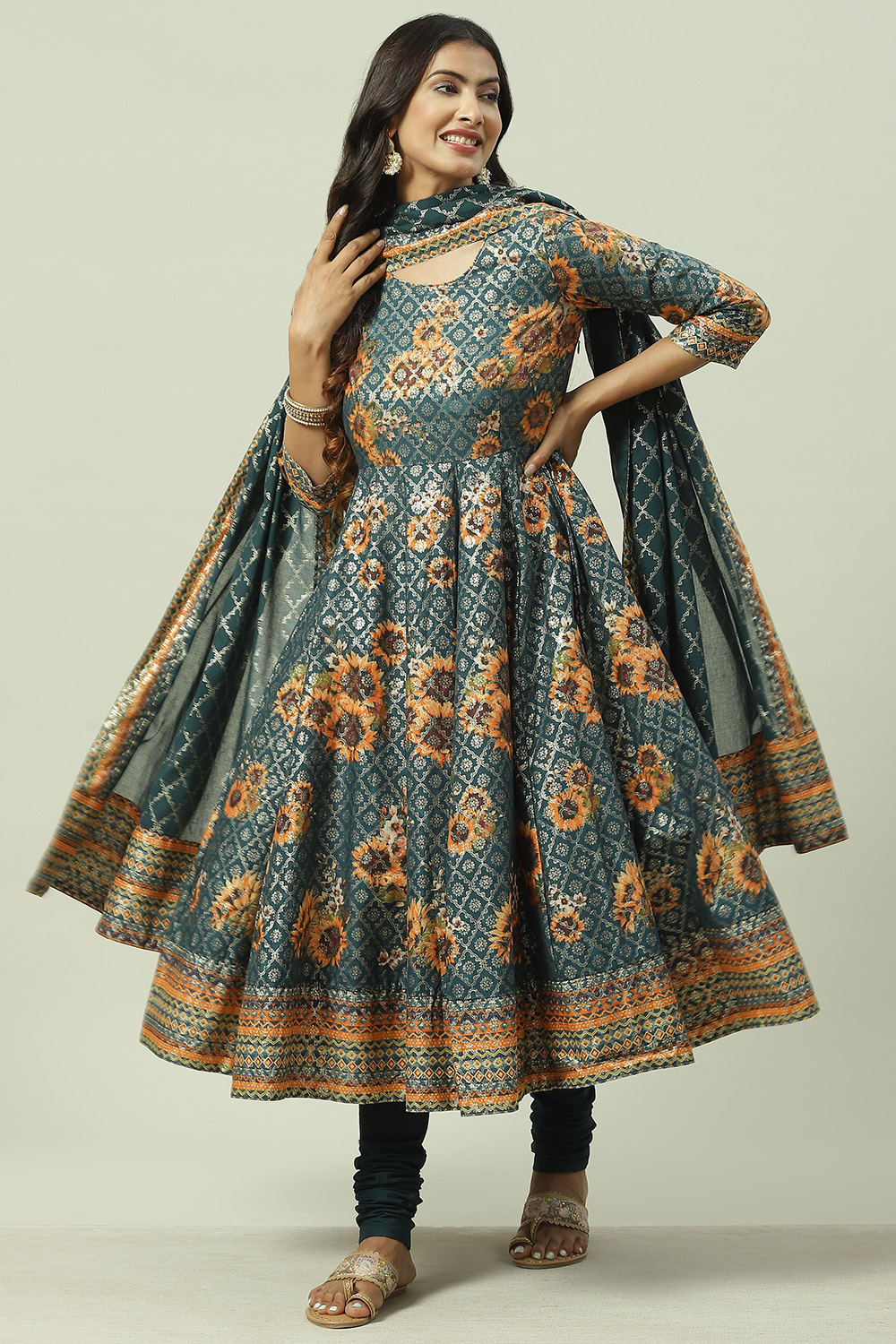 Peacock Blue Cotton Anarkali Kurta Churidar Suit Set image number 7