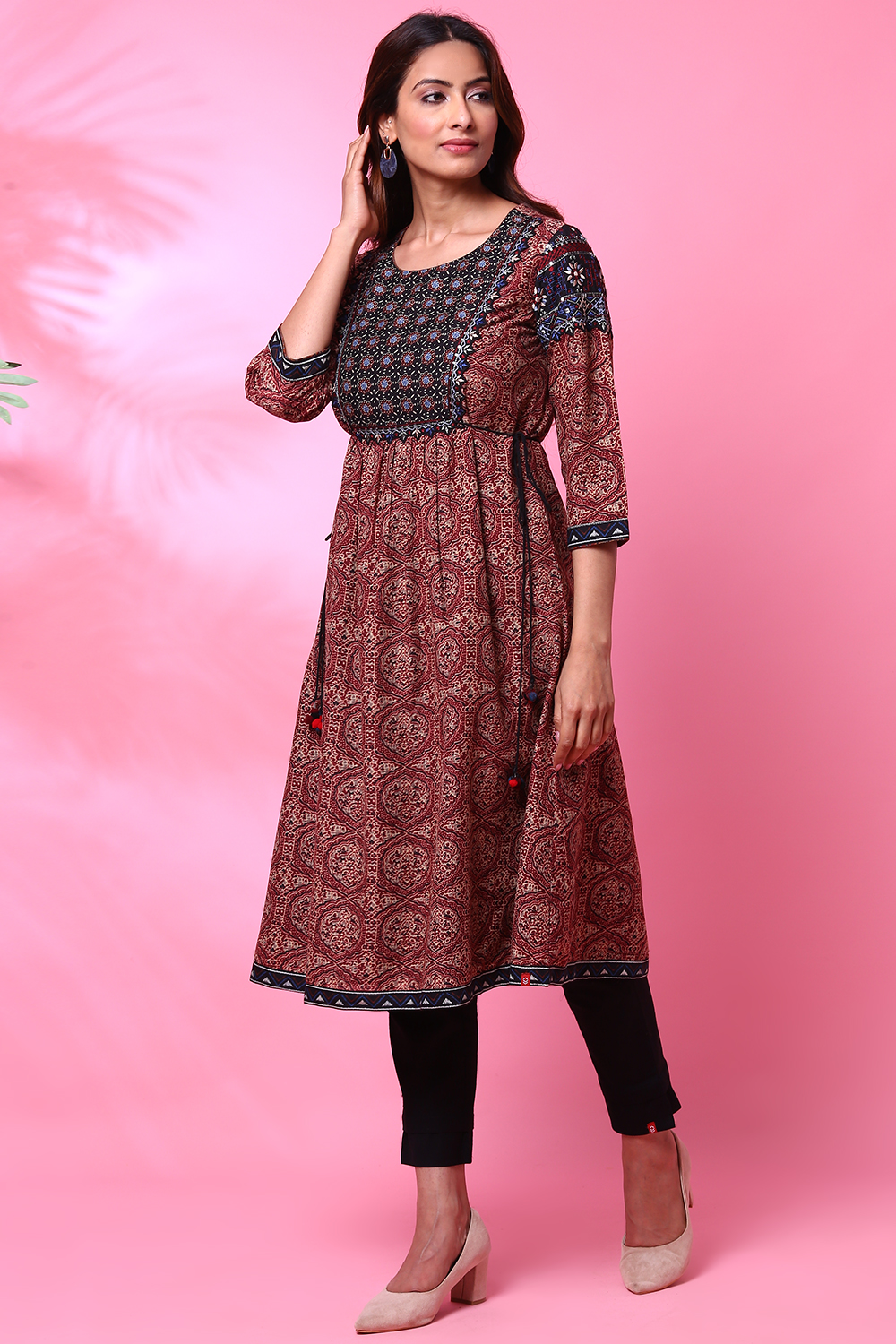 Rust Art Silk A-Line Printed Kurta image number 0