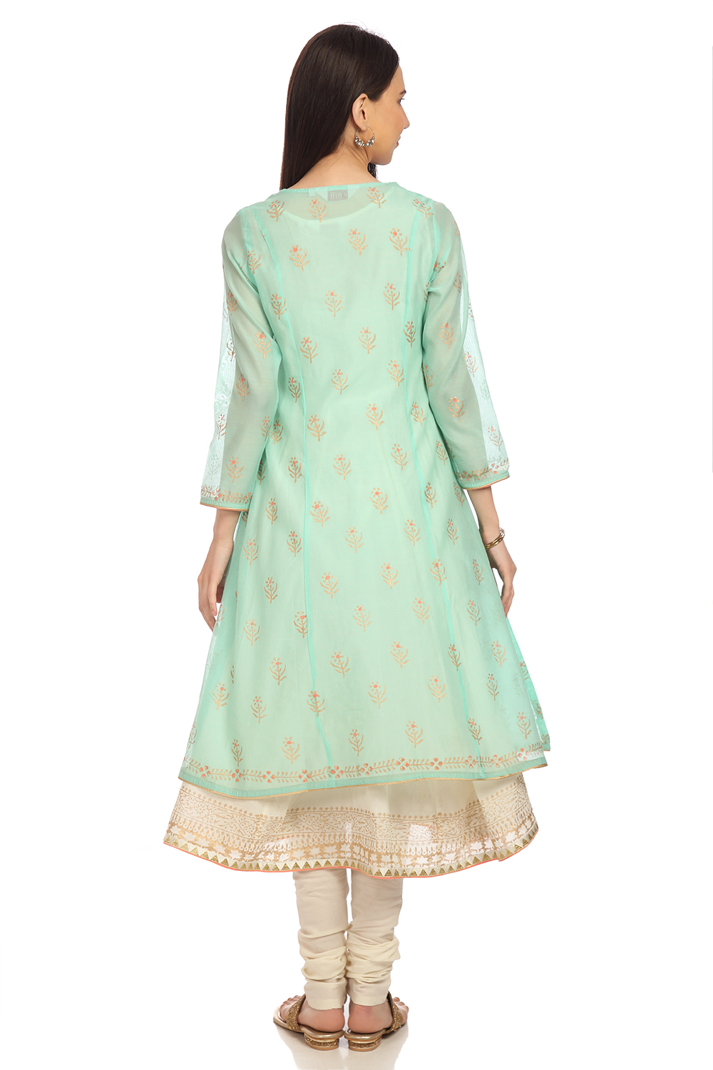 Coral Pink Front Open Cotton Kurta Churidar Suit Set image number 5