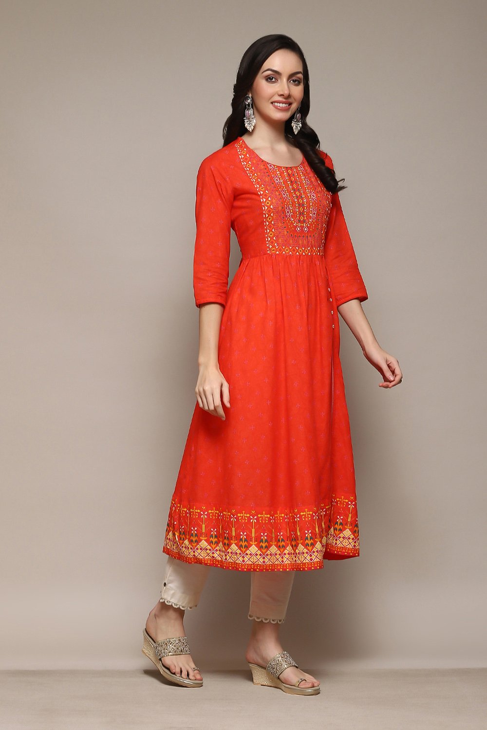 Red Cotton A-Line Printed Kurta image number 3