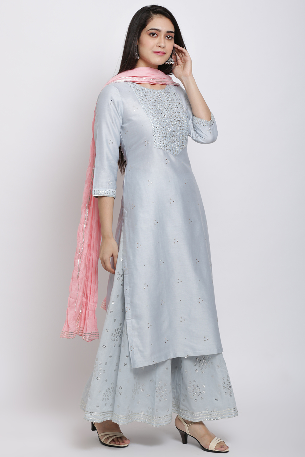 Ice Blue Cotton Silk Straight Kurta Skirt Suit Set image number 3