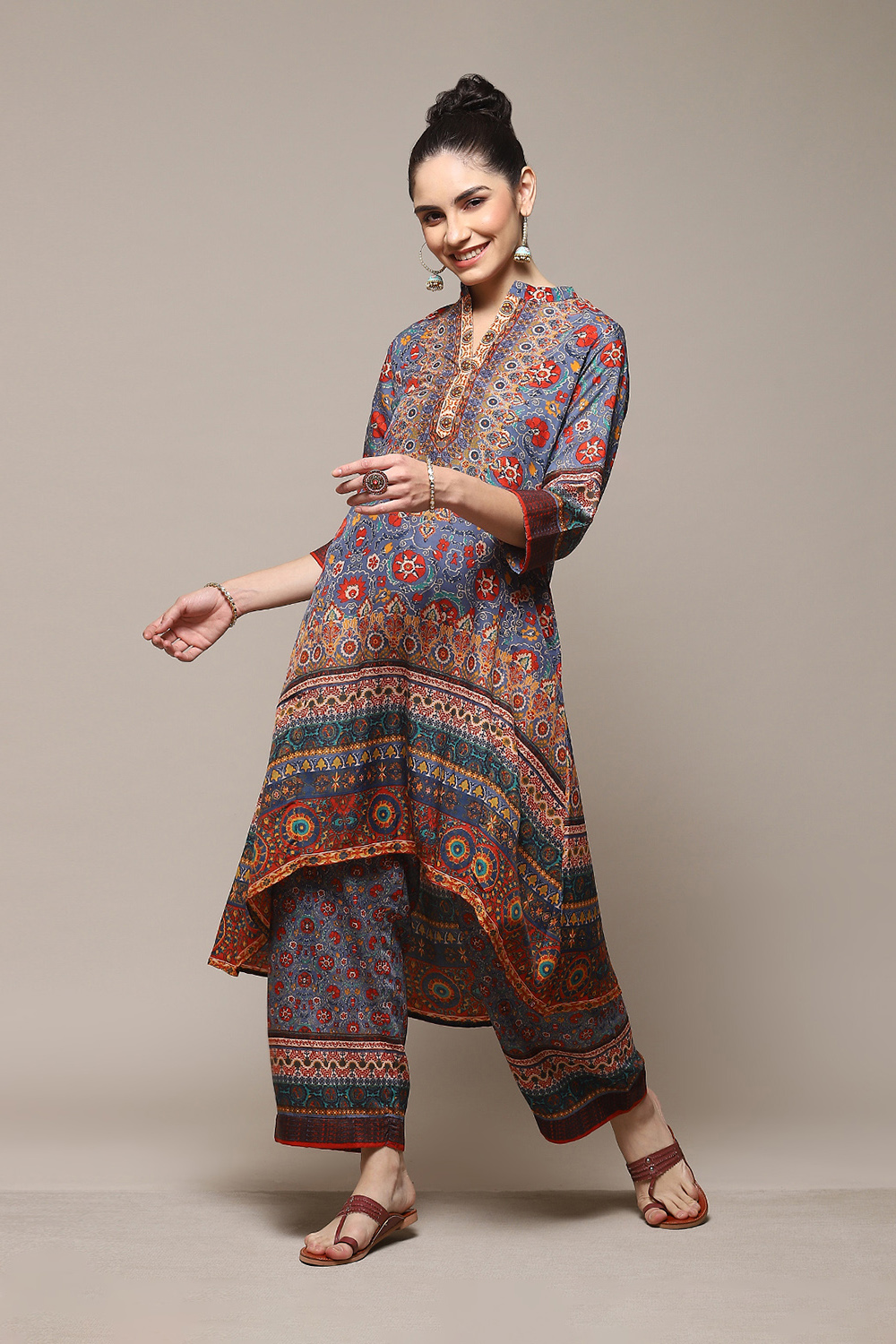 Blue Polyester Asymmetric Kurta Palazzo Suit Set image number 0