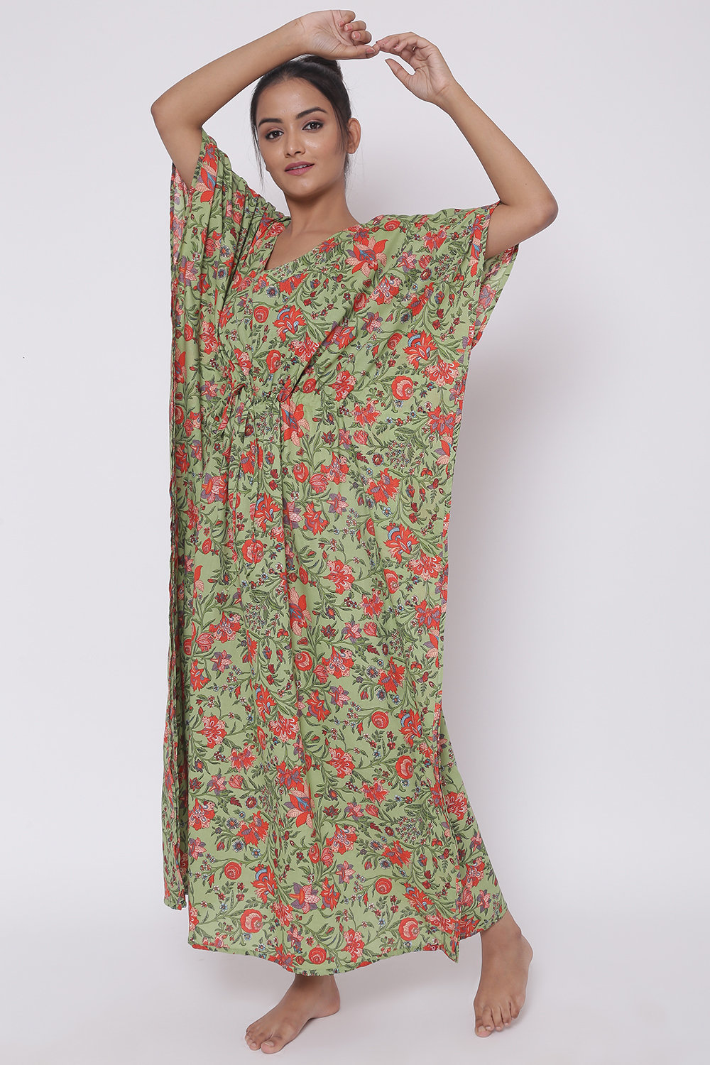 Green Cotton Printed Loungewear Kaftan image number 2